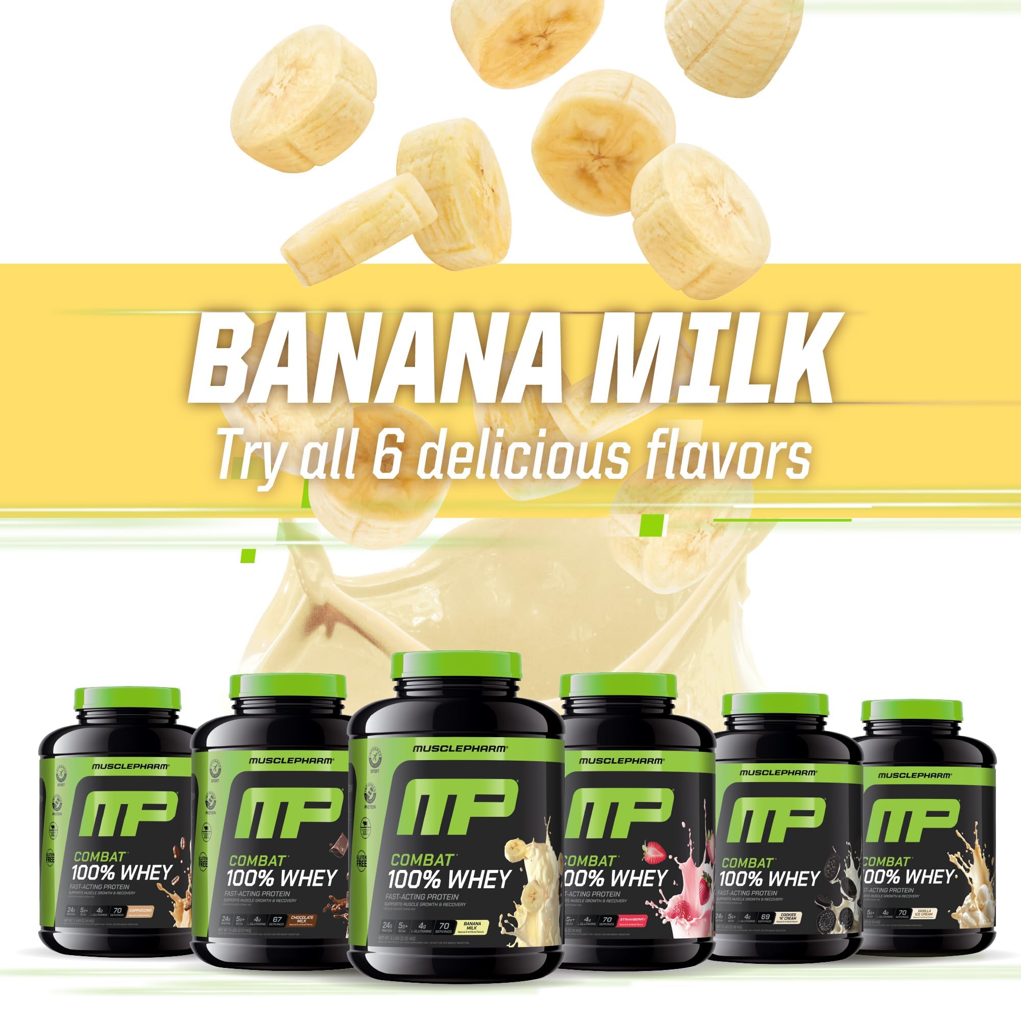 Utilisation pré et post-entraînement avec MusclePharm Combat Whey Banane.