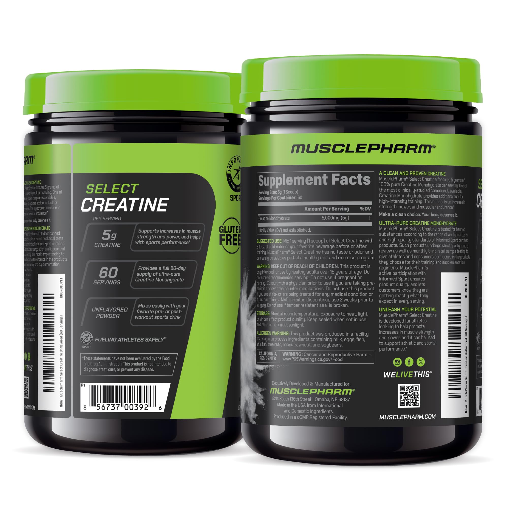 MusclePharm Créatine Monohydrate, badge Informed-Choice sur l’emballage.