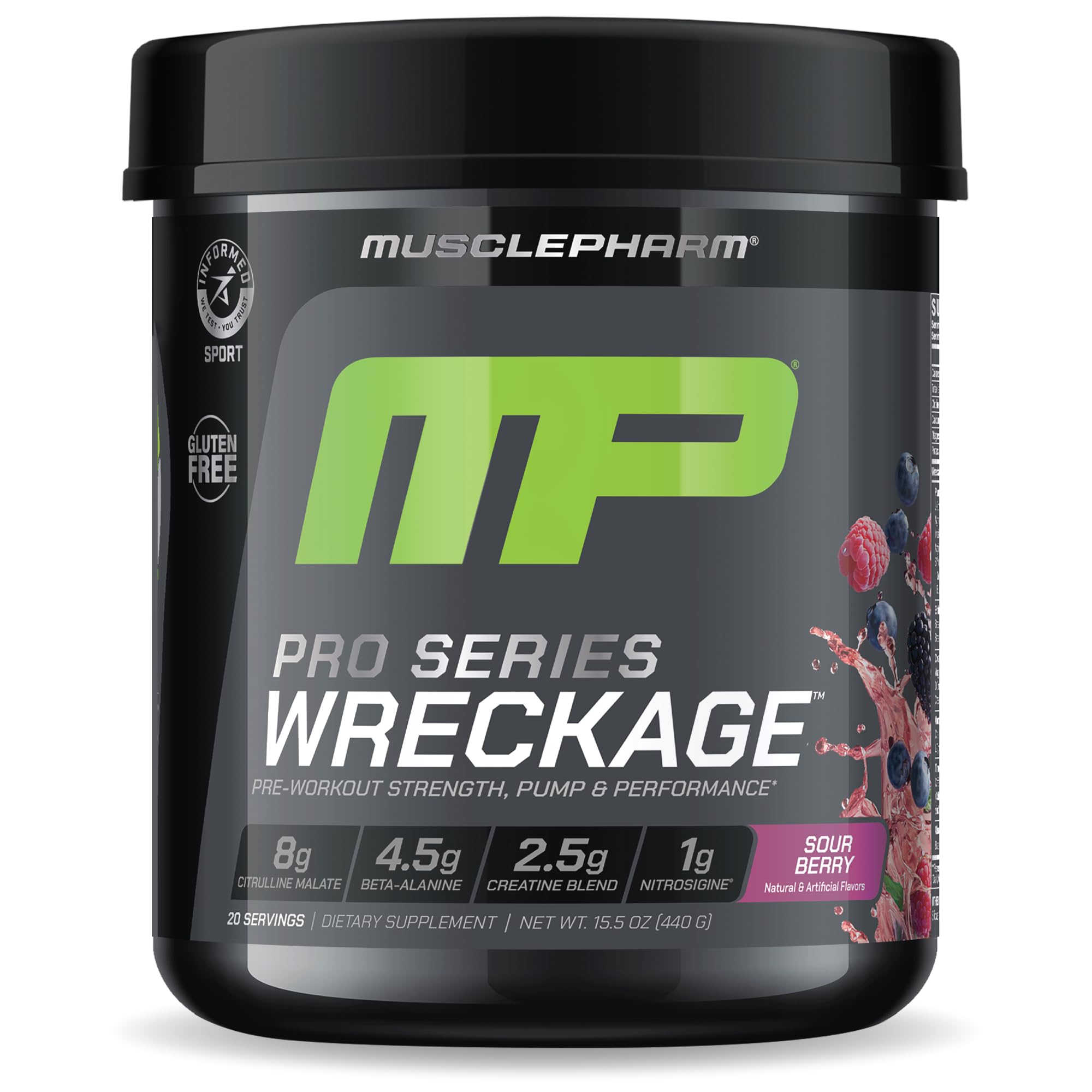 MusclePharm WRECKAGE poudre Sour Berry, énergie pré-entraînement et focus.