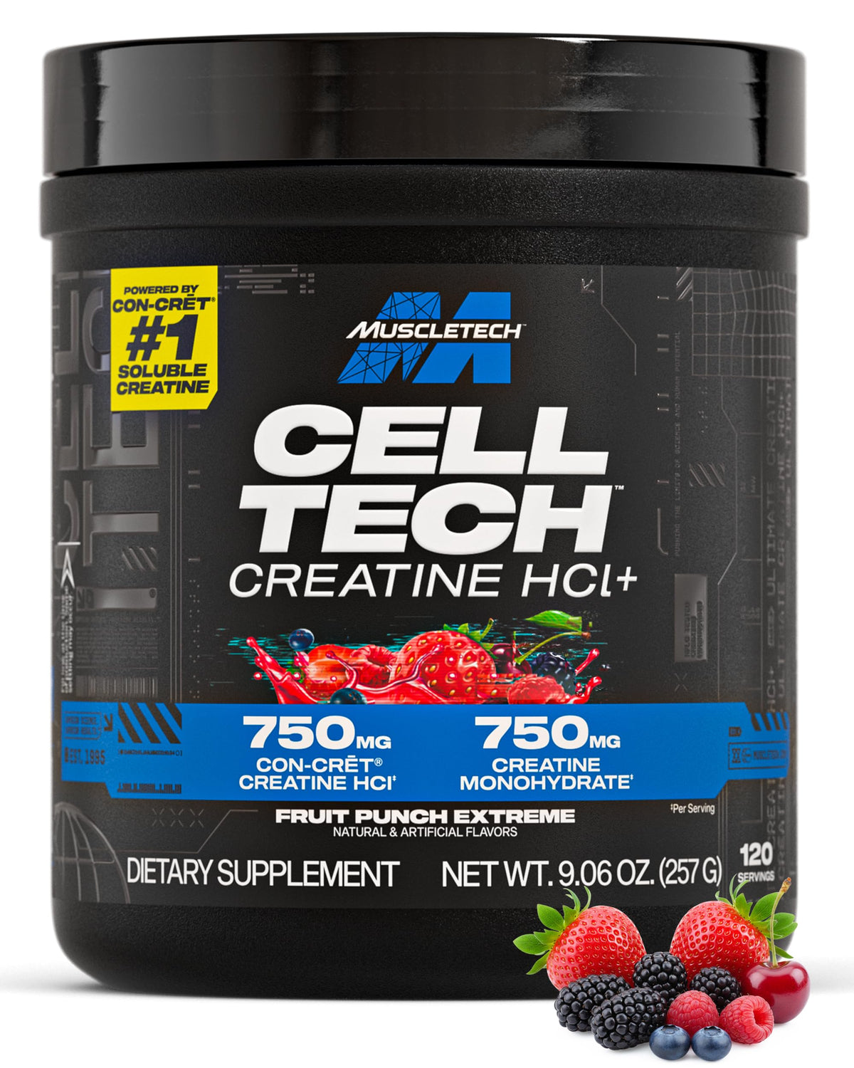 MuscleTech CellTech Creactor bouteille-poudre Fruit Punch pour un mélange rapide avant l'entraînement.