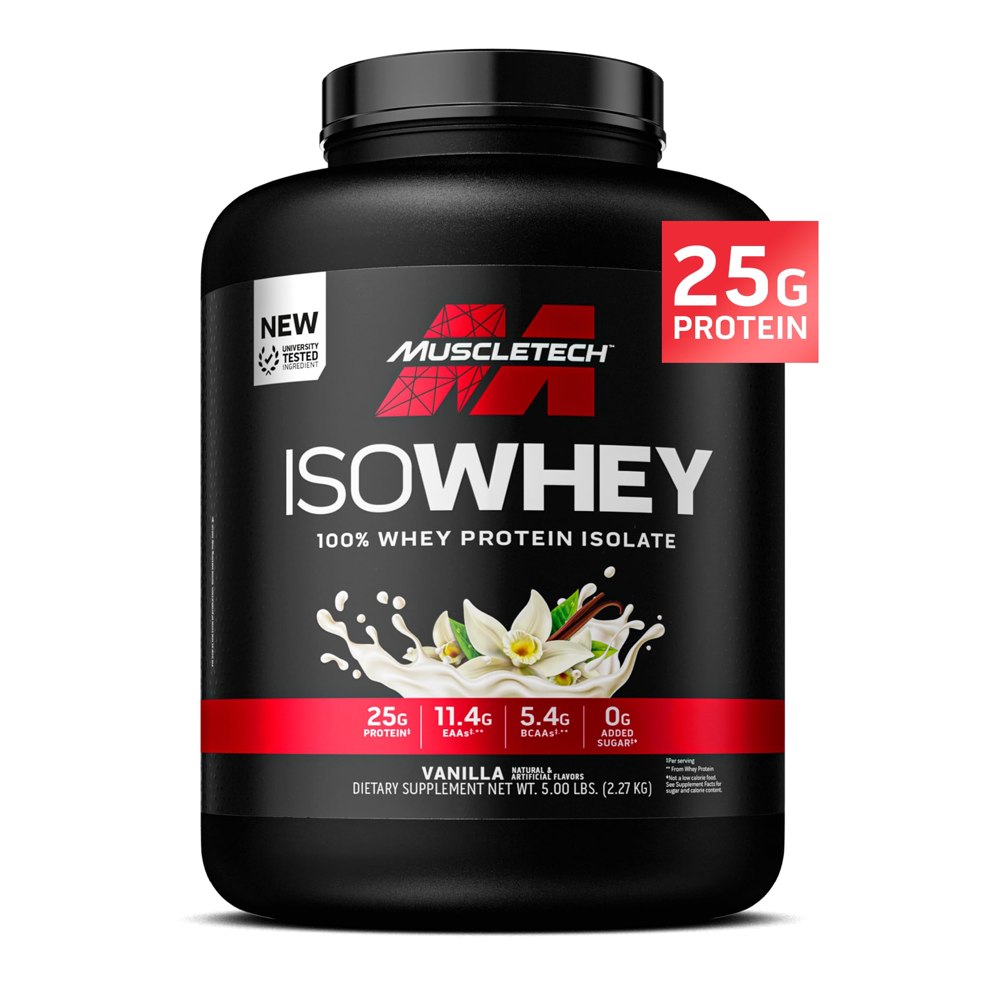 MuscleTech ISO Whey Vanilla dans sa bouteille 2,27 kg, protéines premium.