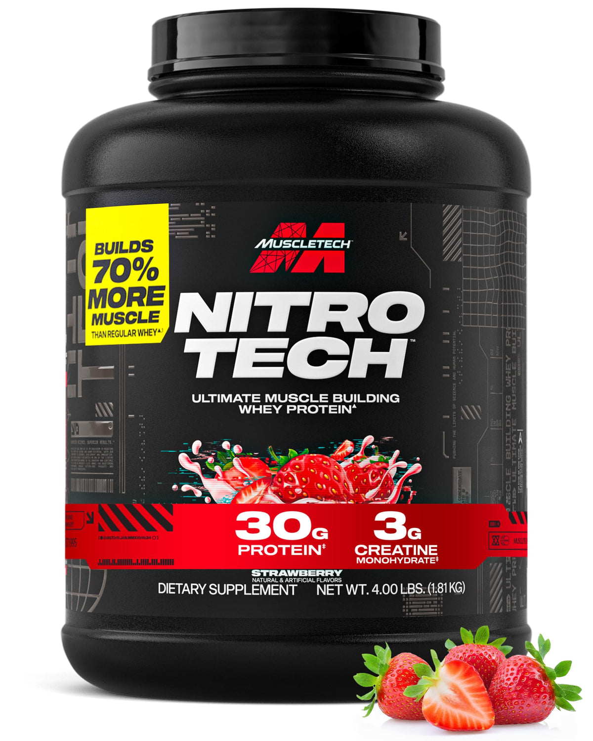 Nitro-Tech whey fraise en pot, soutien à la récupération post-entraînement