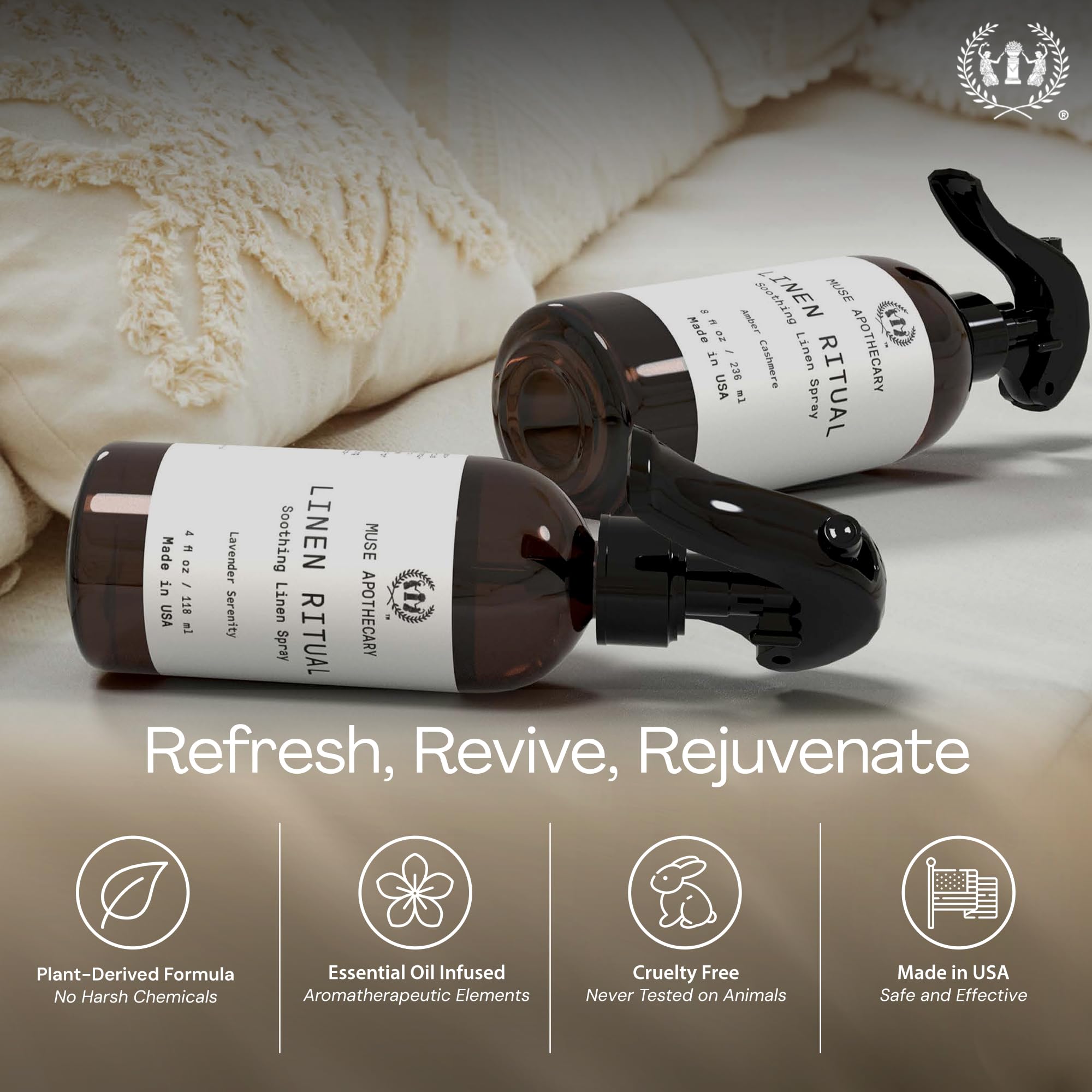 Muse Apothecary Linen Ritual – parfait en voyage pour maintenir textiles frais.