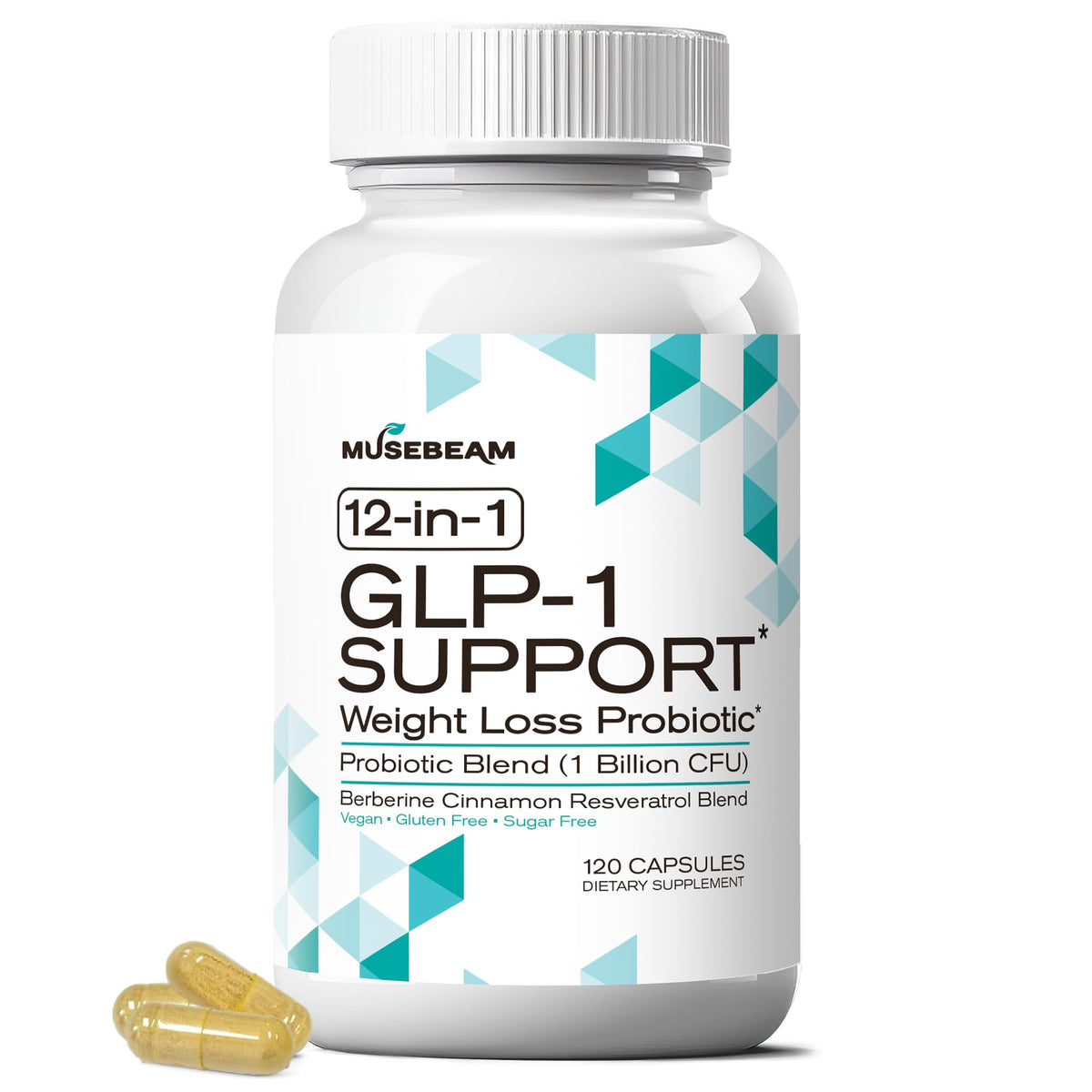 MuseBeam GLP-1 Support: bouteille montrant le flacon, aide potentielle à contrôler l'appétit.