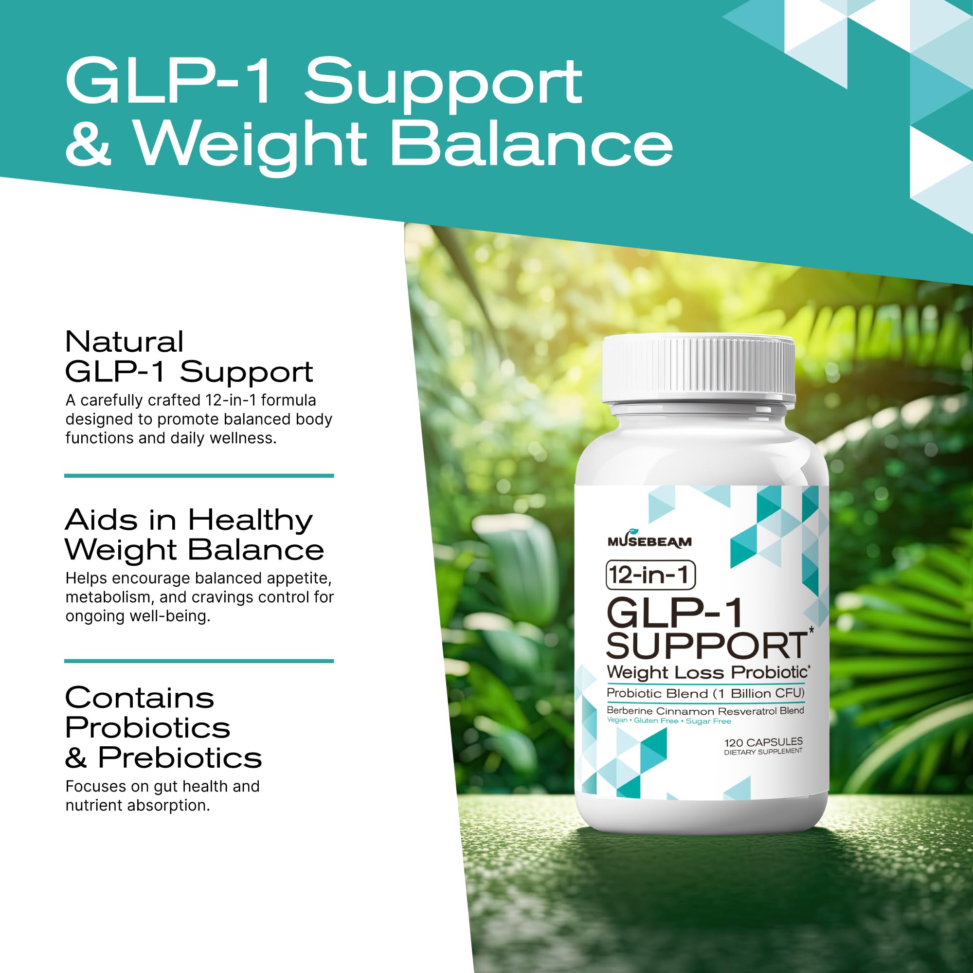 MuseBeam GLP-1 Support: capsules visibles, soutien potentiel au métabolisme et à la satiété.