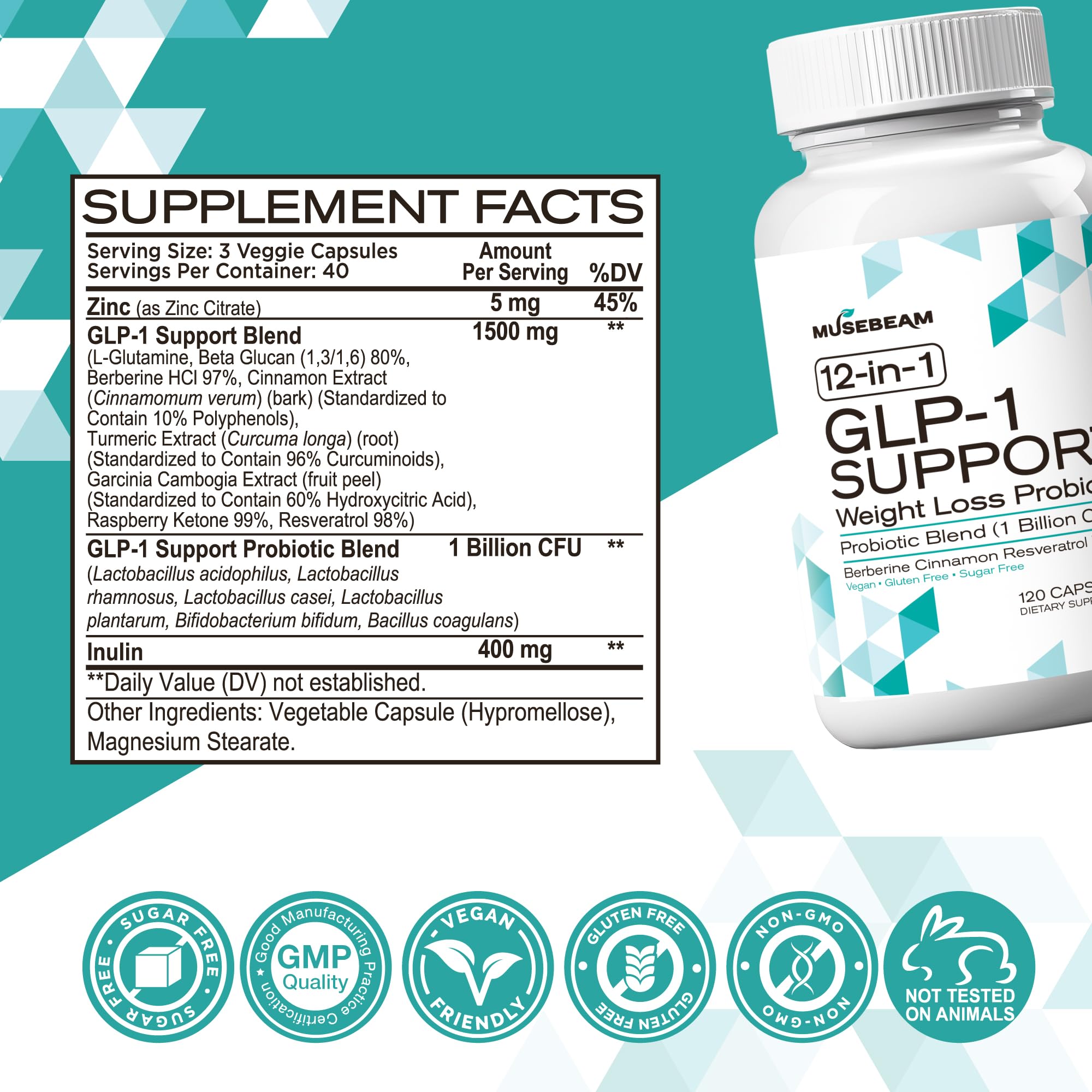 MuseBeam GLP-1 Support: flacon épuré pour usage quotidien et style de vie actif.
