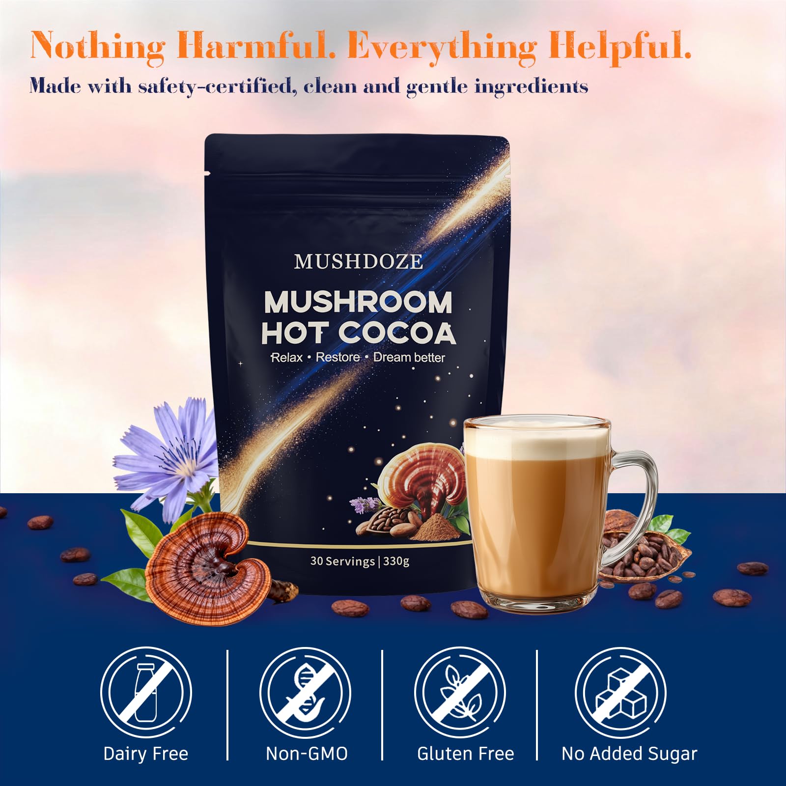 Mushdoze Chocolat Chaud L-Theanine: soutien calmant avant le coucher.