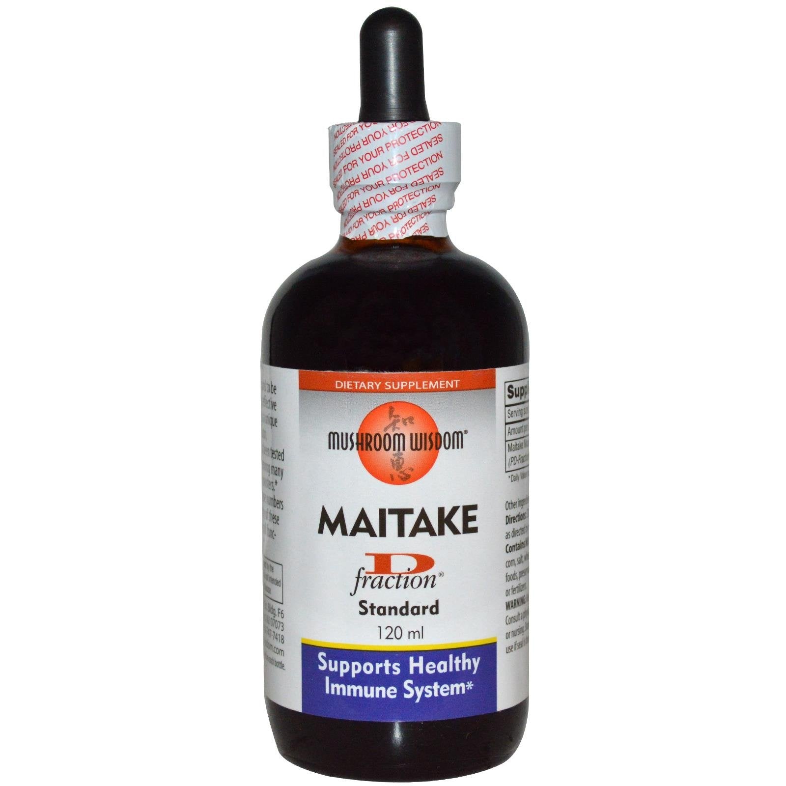 Grifron Maitake D Fraction, bouteille 120 ml Mushroom Wisdom, soutien potentiel au bien-être immunitaire.