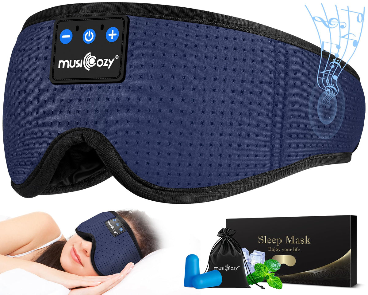 MUSICOZY band dormeur avec écouteurs intégrés en bleu navy, confort et immersion sonore.