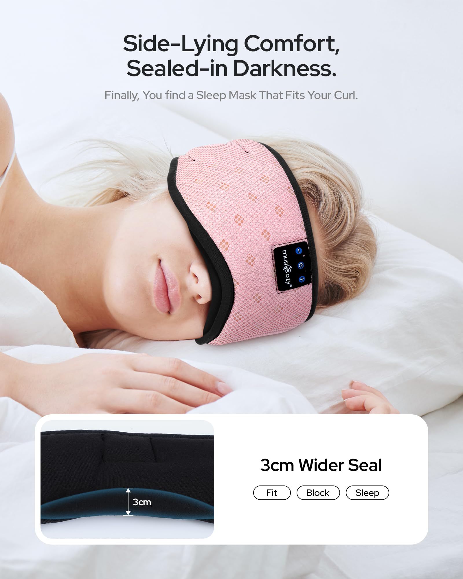 MUSICOZY casque sommeil rose-maillage vue côté pour le soutien de la détente latérale.
