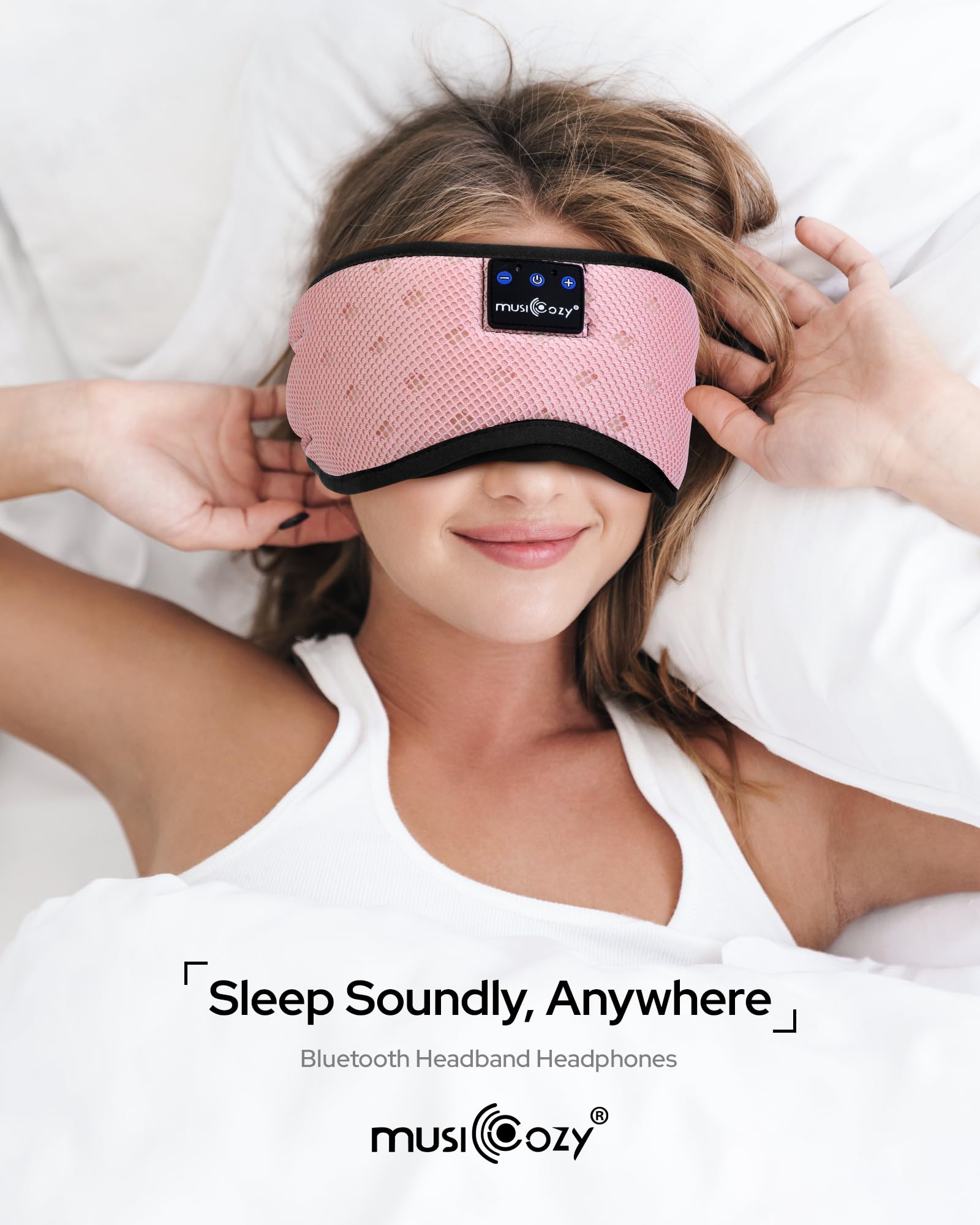 MUSICOZY casque sommeil rose-maillage enceintes ultra-fines pour un son clair.