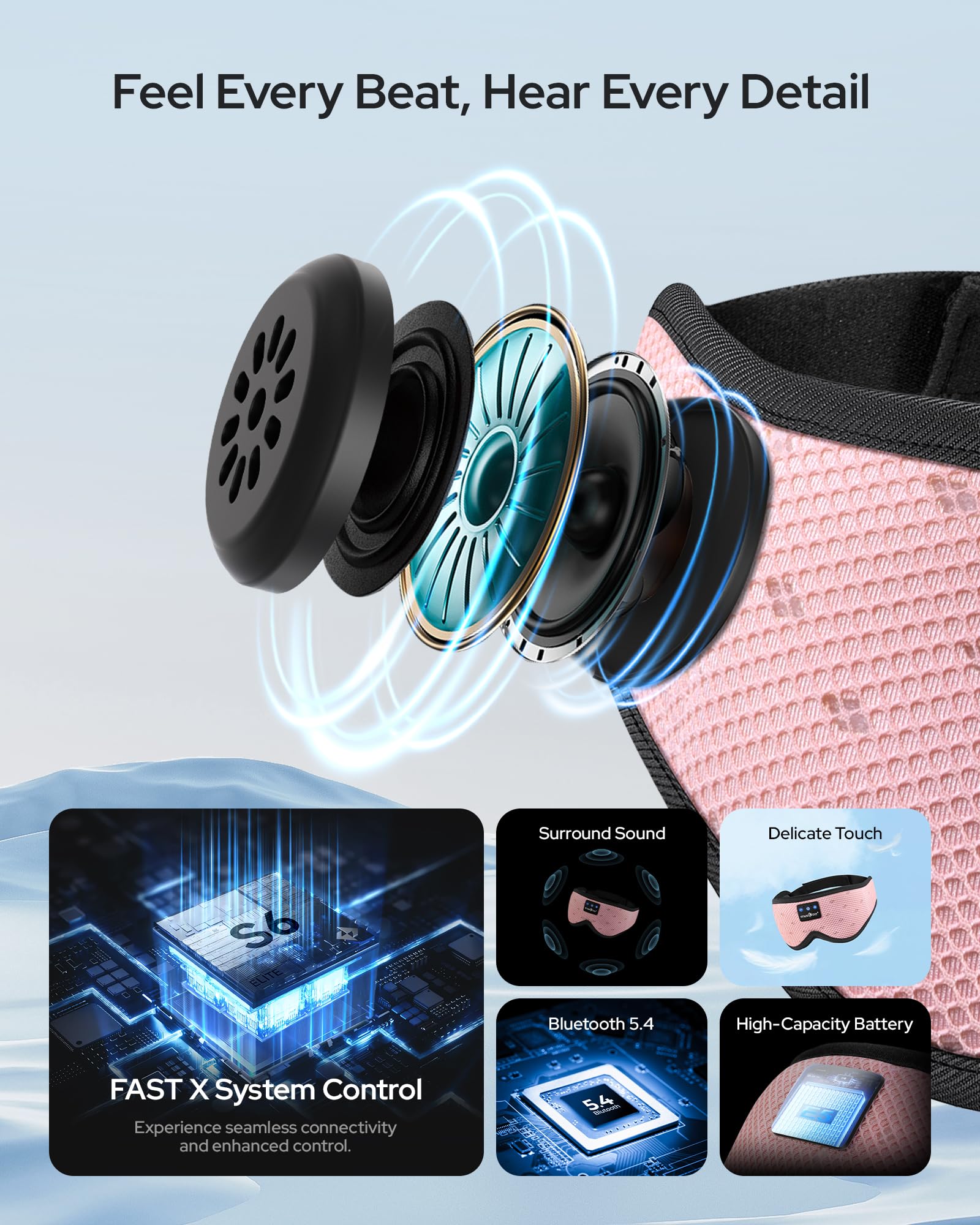 MUSICOZY casque sommeil rose-maillage intérieur mousse mémoire pour contact doux.