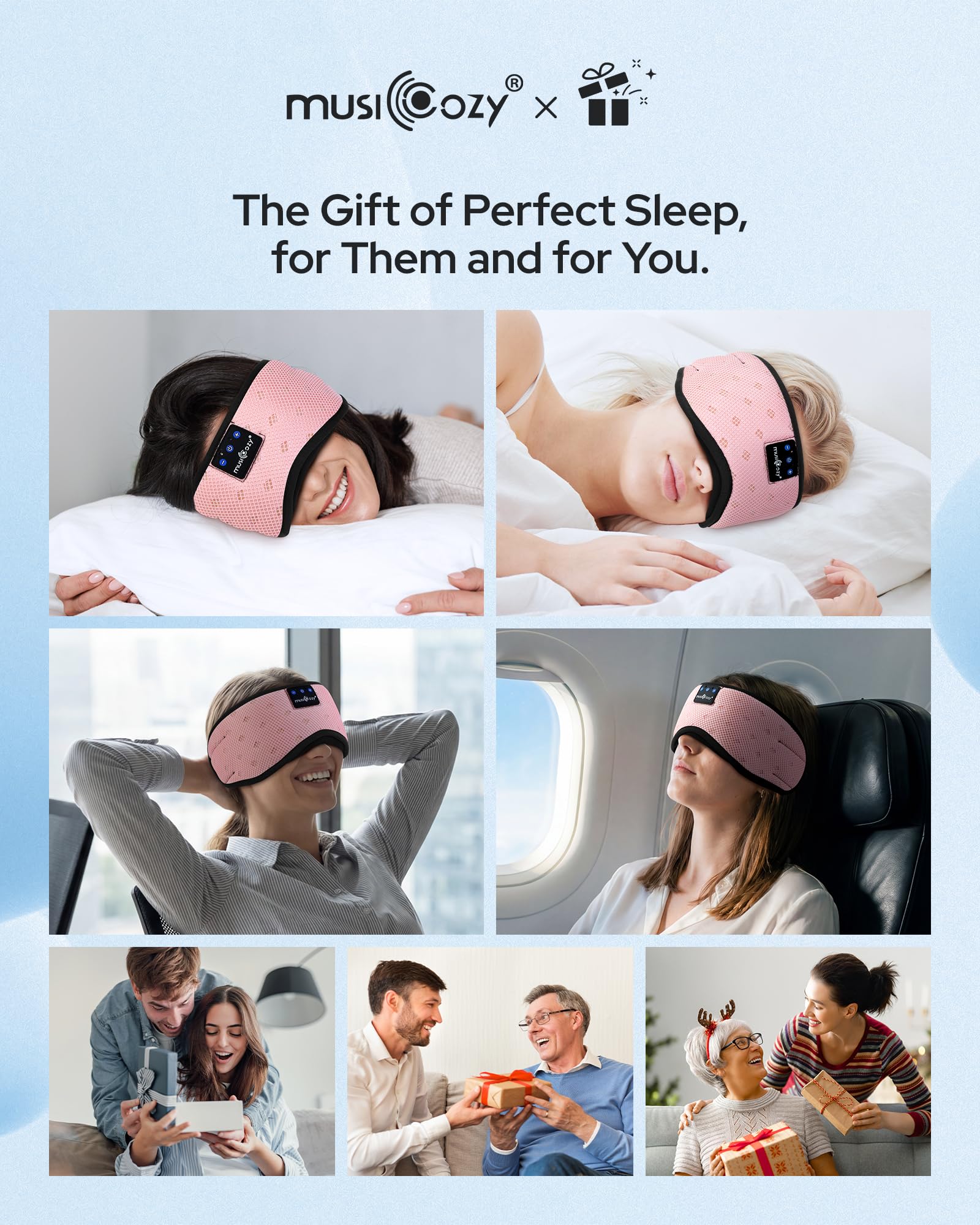 MUSICOZY casque sommeil rose-maillage usage nuit et voyage pour détente.