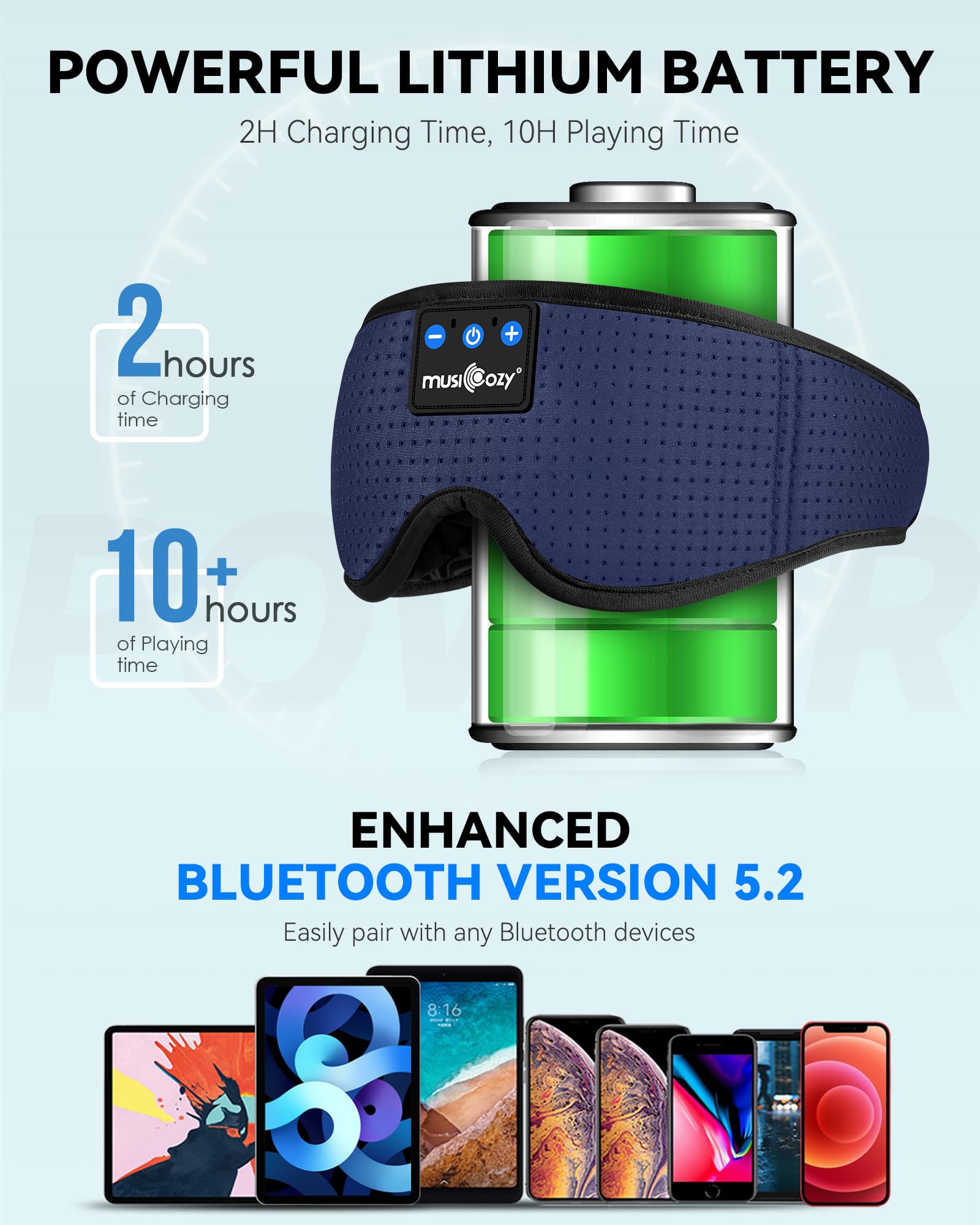 MUSICOZY écouteurs sans-fil bleu navy bluetooth 5.4 offrent son clair et connexion fiable.