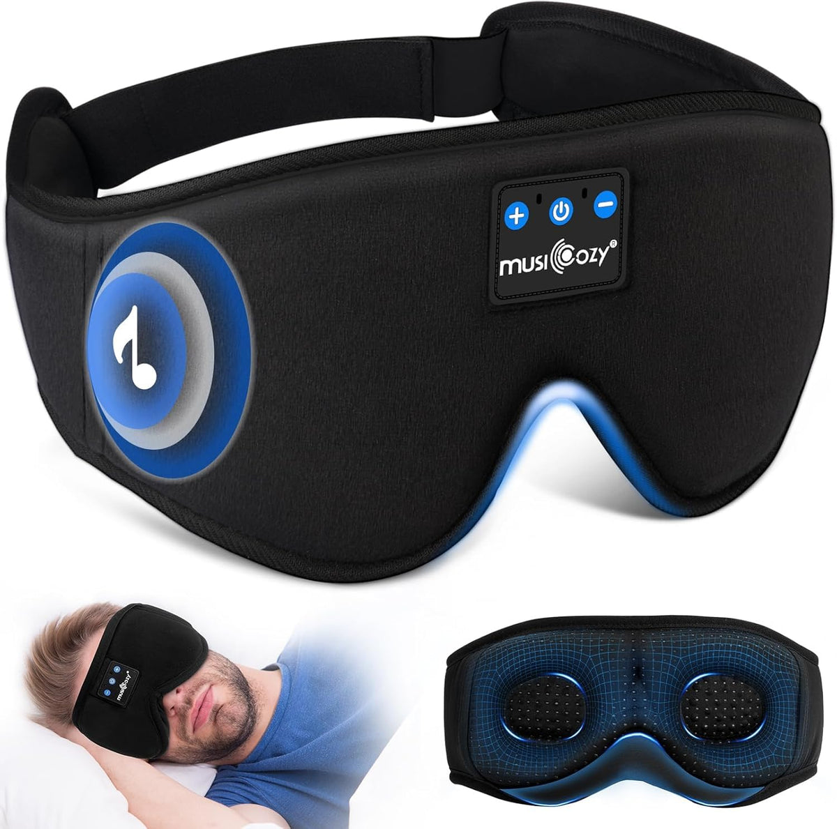 MUSICOZY masque-dormeur 3D design: confort et immersion sonore sans fil.