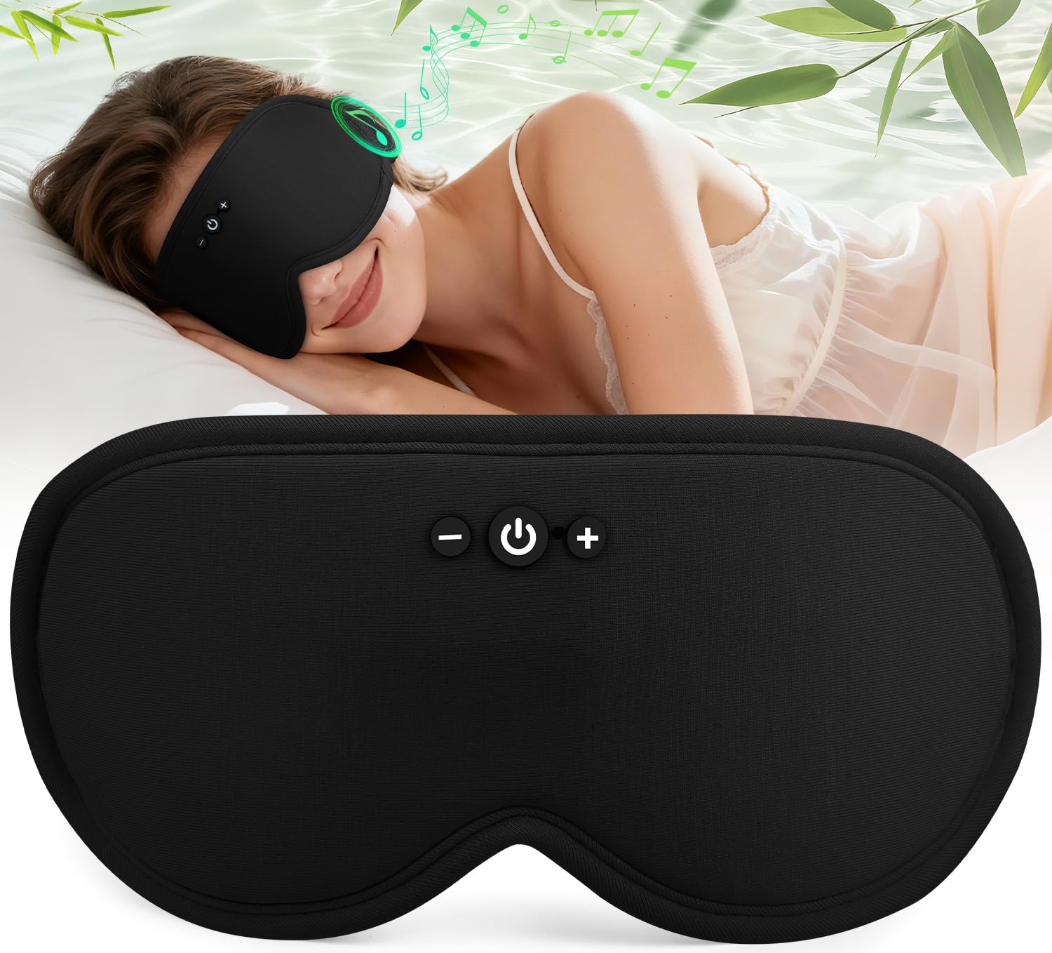 Musicozy masque-yeux bambou avec Bluetooth, confort respirant pour nuits reposantes.