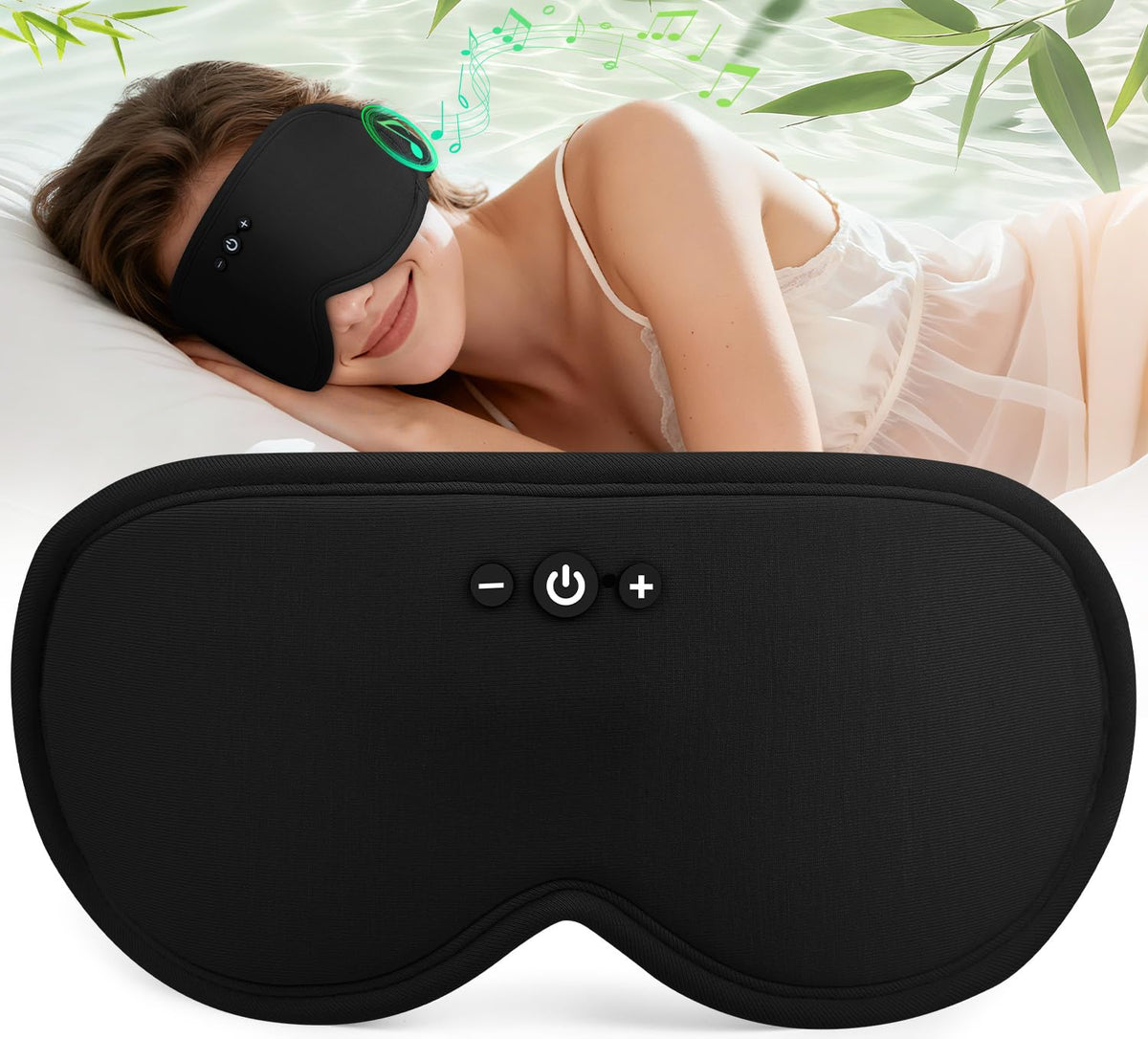 Musicozy masque-yeux bambou avec Bluetooth, confort respirant pour nuits reposantes.