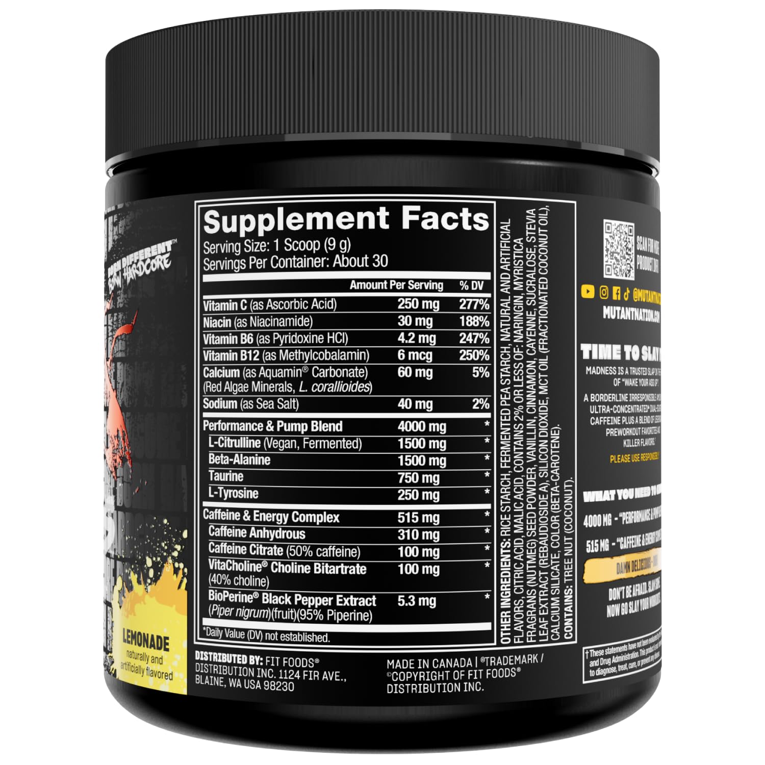 Mutant Madness – étiquette lisible facilitant la vérification des ingrédients et saveur citron.