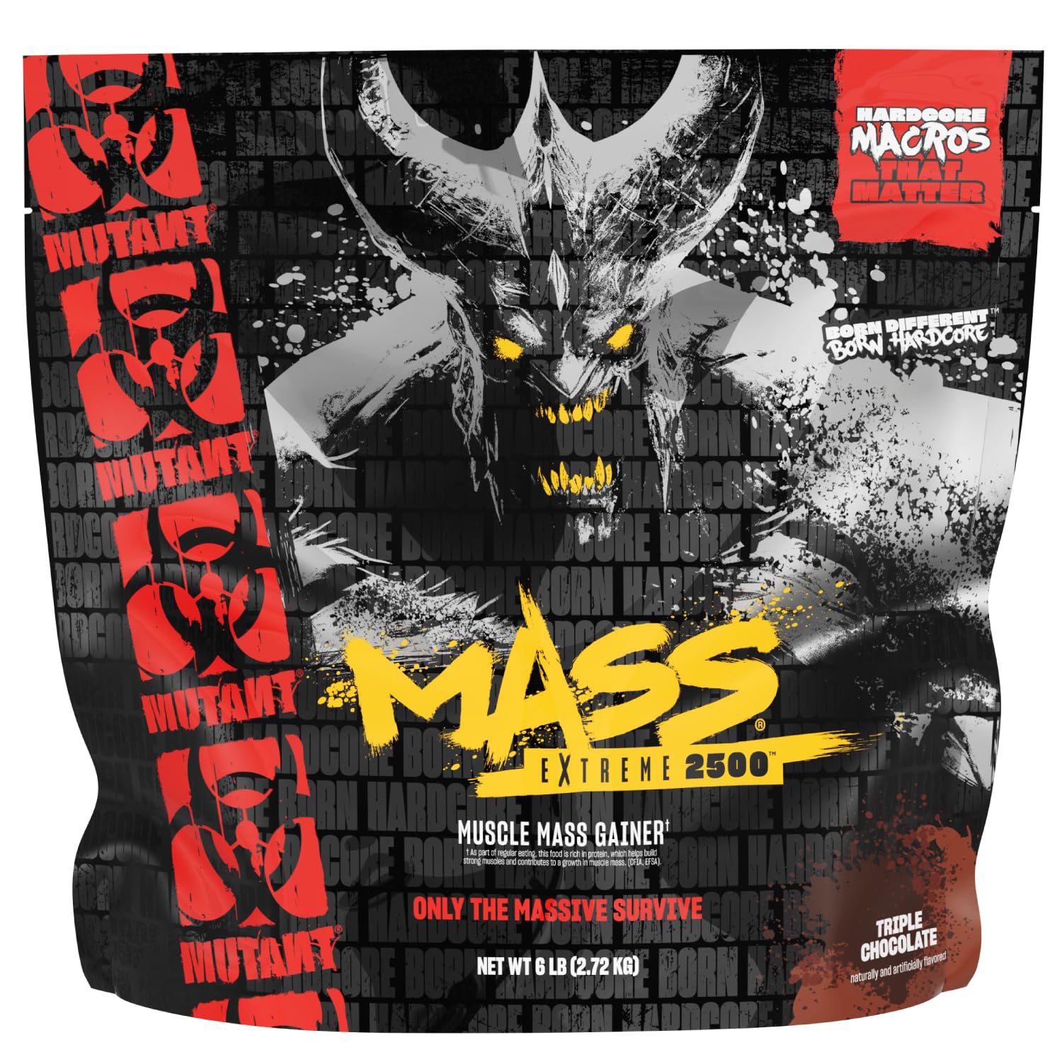 Mutant Mass Extreme Gainer en pot 6 lb, présentation premium pour prise de masse.