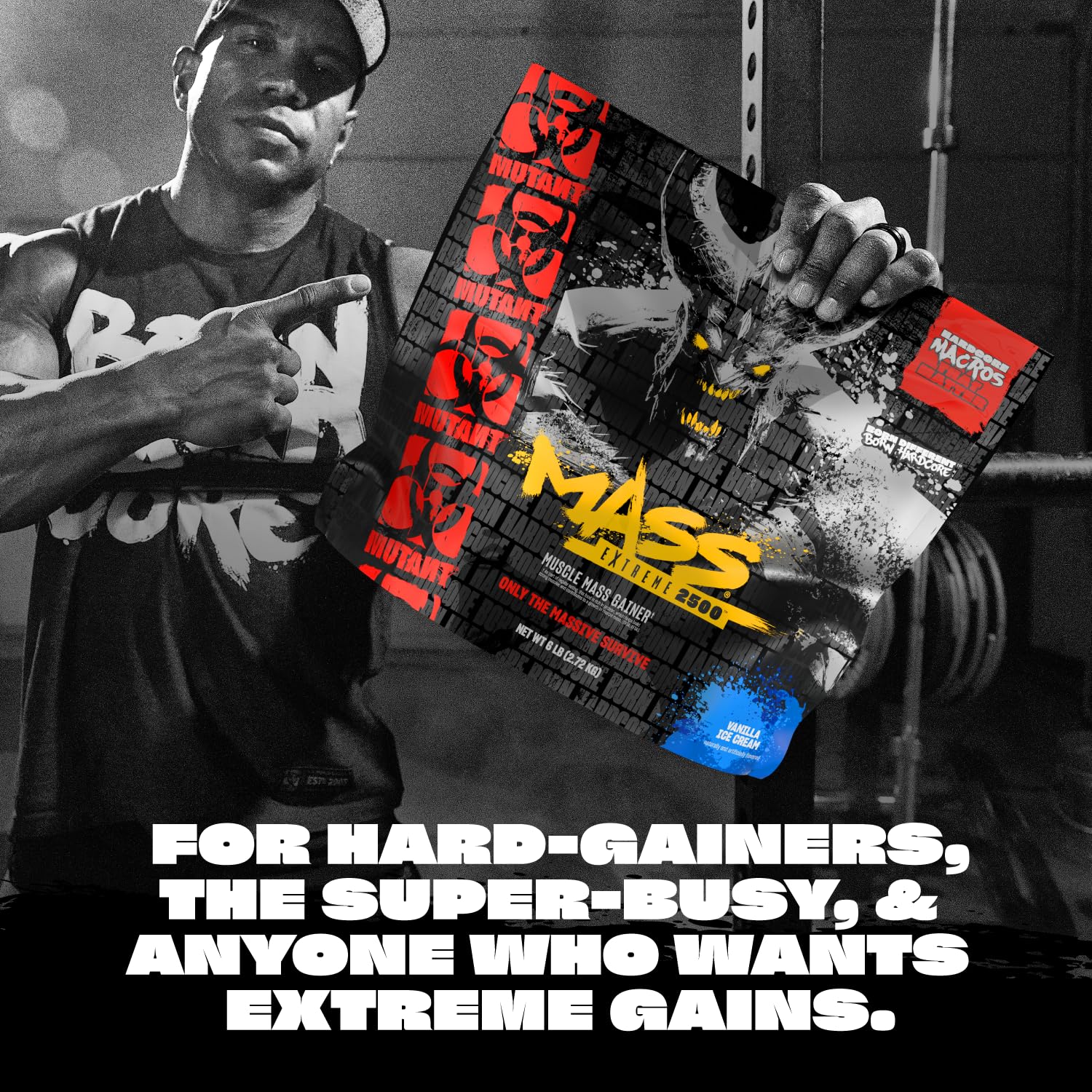 Mutant Mass Extreme Gainer poudre triple chocolat prête à mélanger.