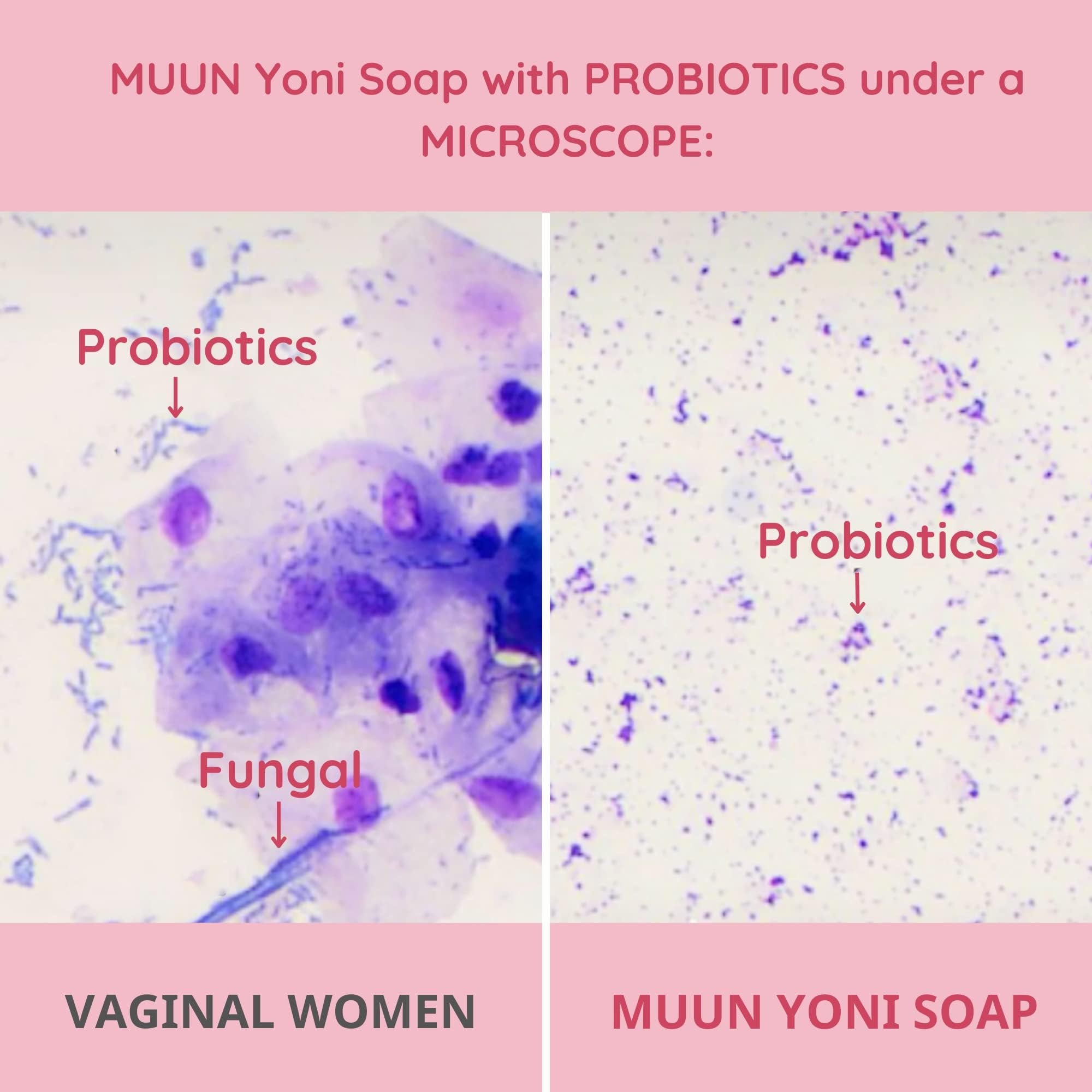Muun Yoni Savon Bar Pack Rose – probiotiques et ingrédients clés pour une peau douce.