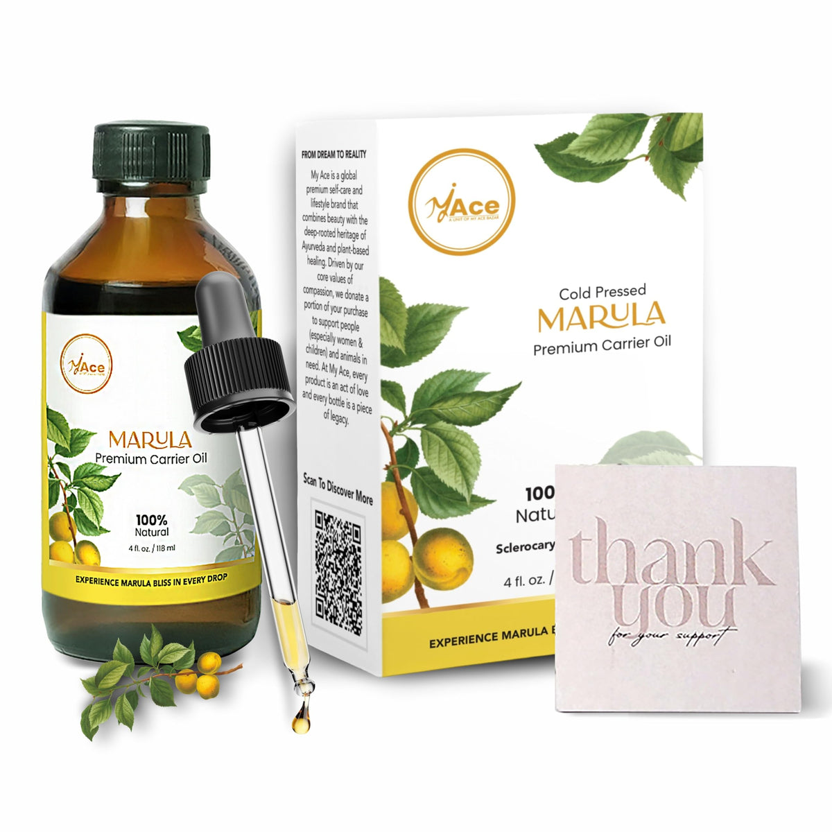 MY ACE huile Marula – bouteille avec pipette, hydratation légère visage et peau