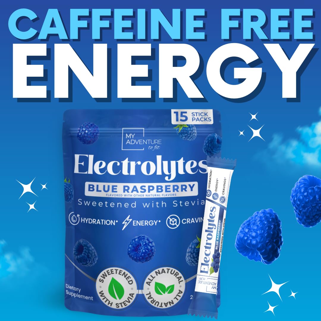 My Adventure to Fit électrolytes poudre bleu framboise mélange pour hydratation pratique après l'effort.