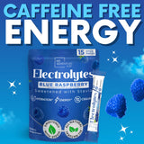 My Adventure to Fit électrolytes poudre bleu framboise mélange pour hydratation pratique après l'effort.
