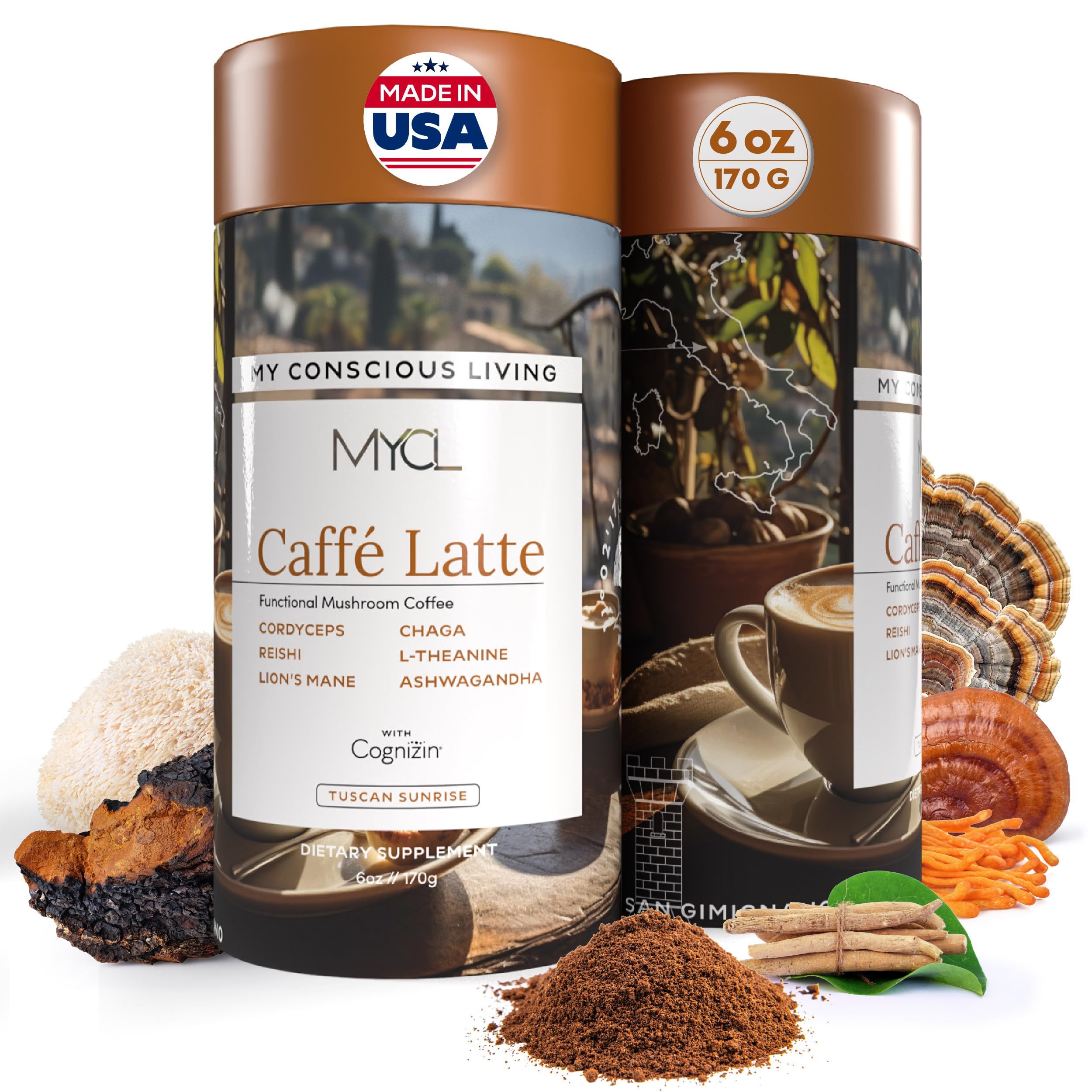 MYCL Cognizin Mocha Latte - bouteille affichant le mélange café et champignons, énergie soutenue.
