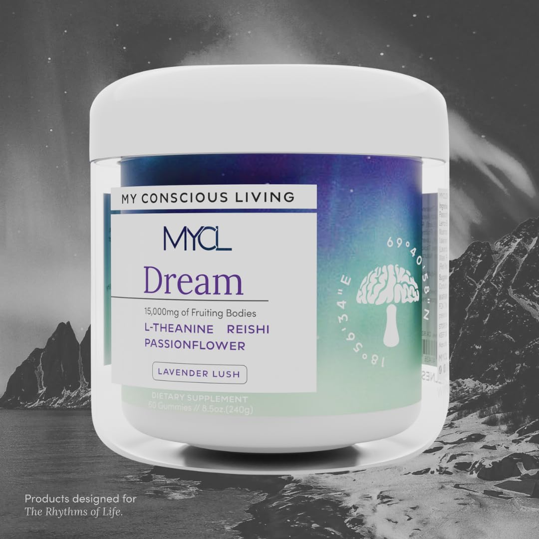 MYCL Dream Mushroom Gummies - etiquette: étiquette claire vérifiant les ingrédients biologiques et vegan.