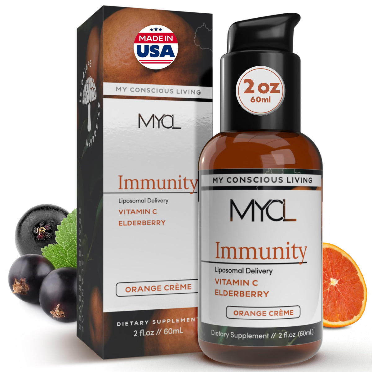 MYCL vitamine C liposomale au sureau, flacon pompe orange-crème, soutien immunitaire quotidien.