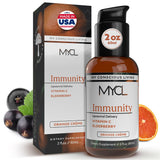 MYCL vitamine C liposomale au sureau, flacon pompe orange-crème, soutien immunitaire quotidien.
