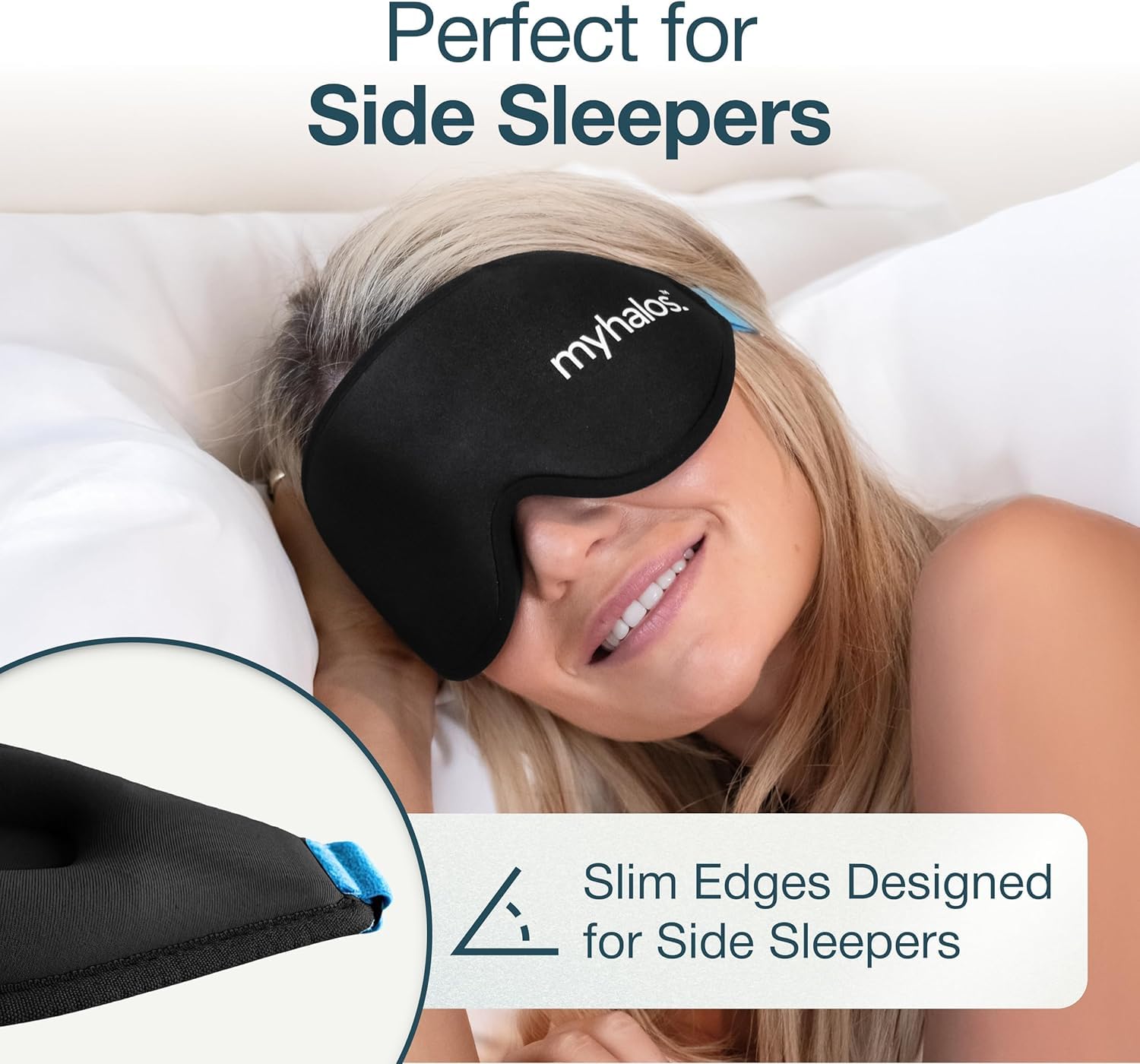 MyHalos masque-yeux confort-côté s'adapte aux dormeurs latéraux et maintient le masque en place
