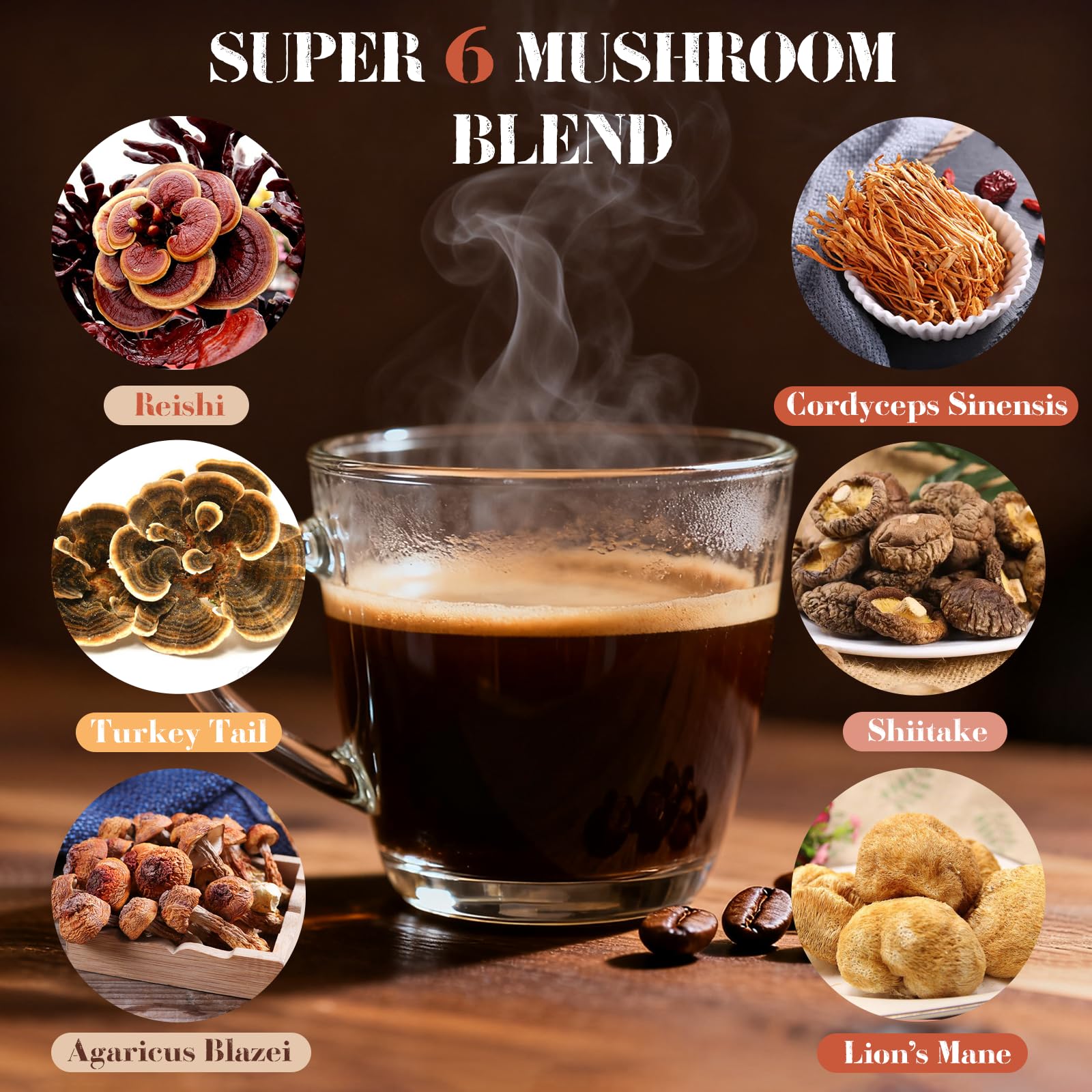 MYKAF Café champignons 6 en 1 apporte énergie continue grâce cordyceps et crinière-de-lion.