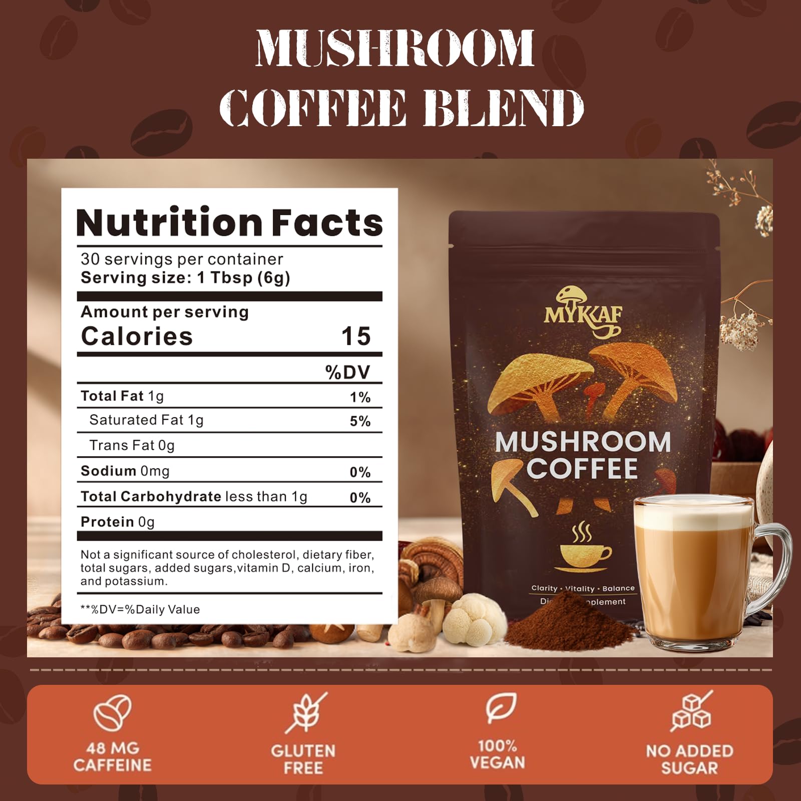 MYKAF café champignons 6 en 1 - poudre instantanée pratique pour des matinées rapides.