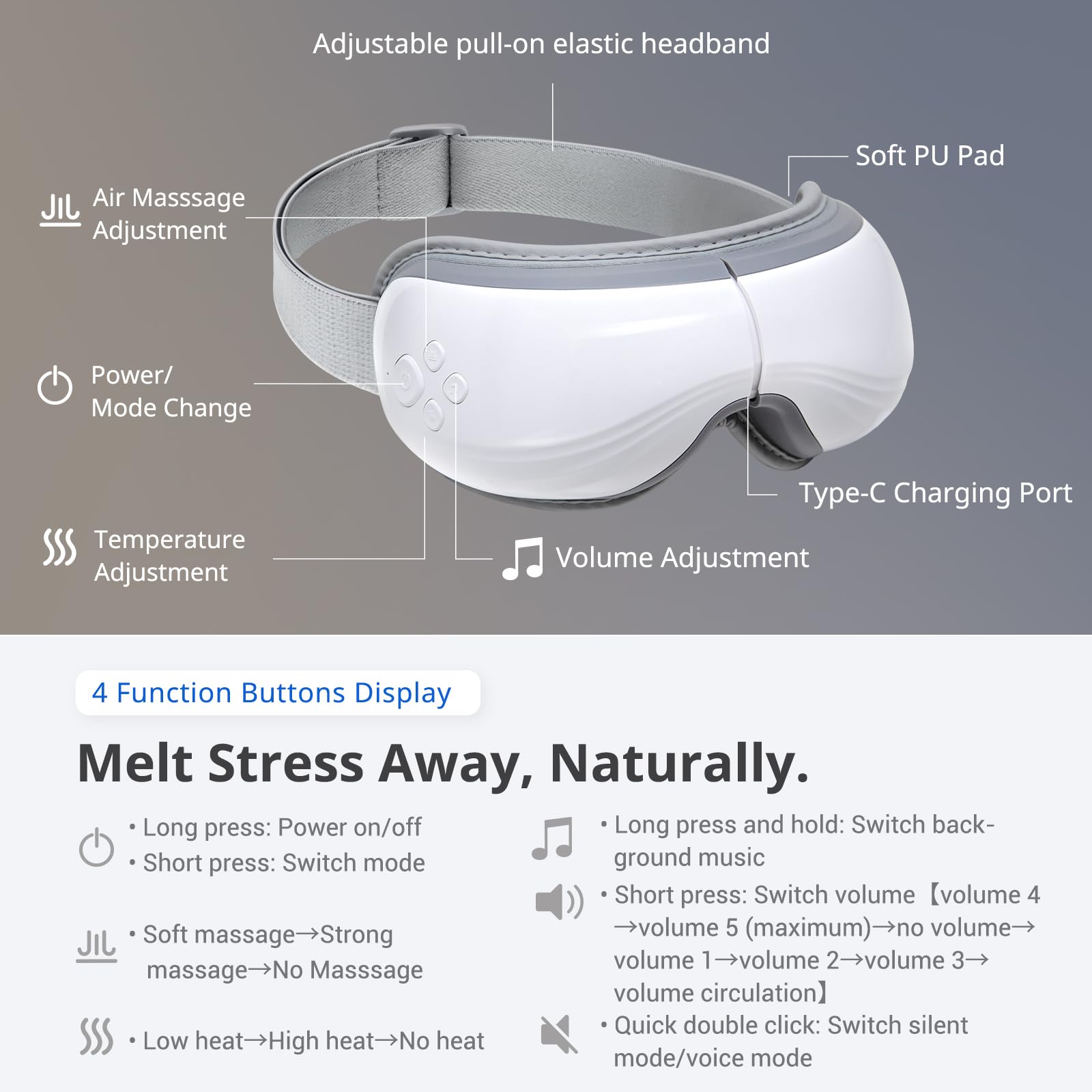 Mynt massage yeux interface connectivite sans fil et commandes simples.