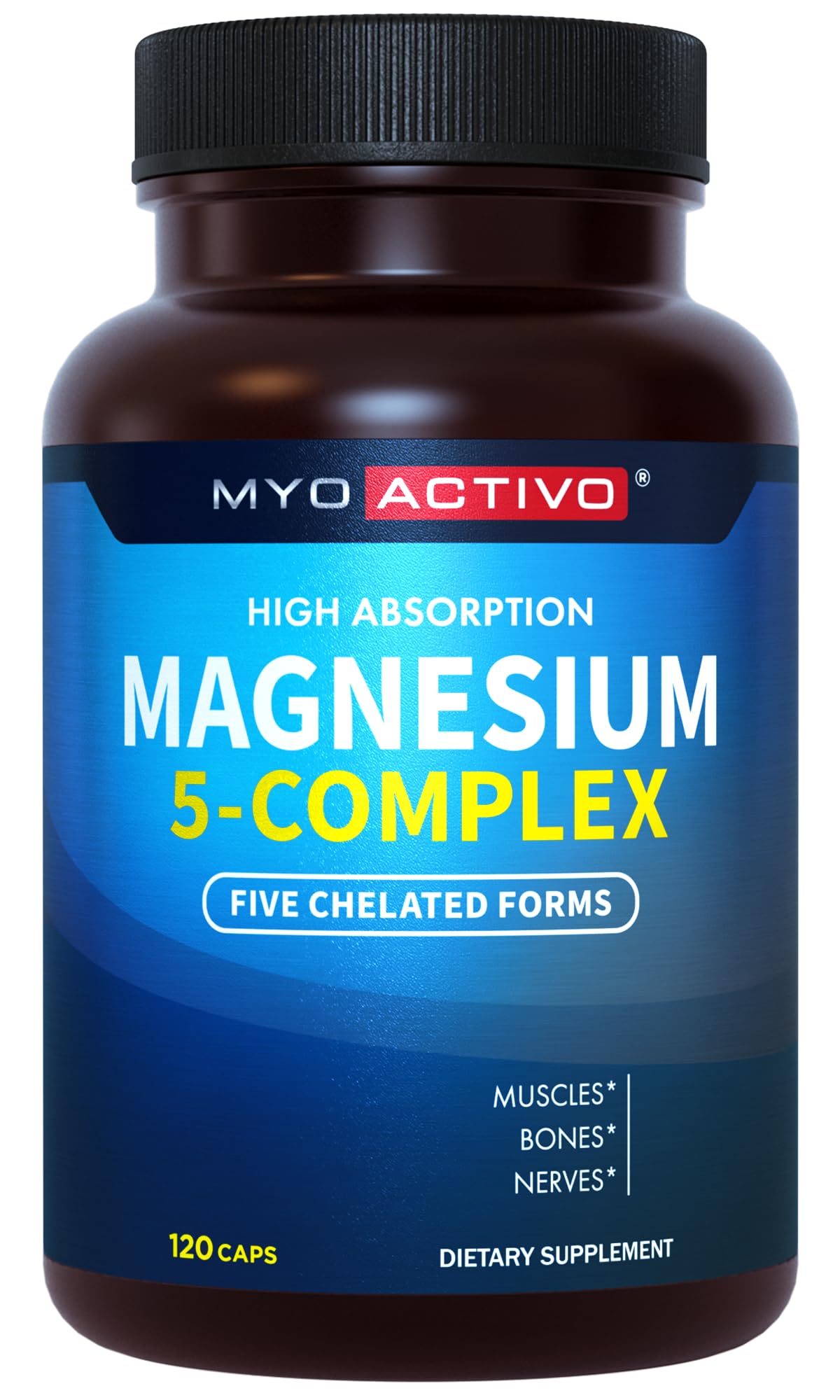 MyoActivo 5-en-1 Magnésium Complex - bouteille, soutien quotidien et absorption potentielle.