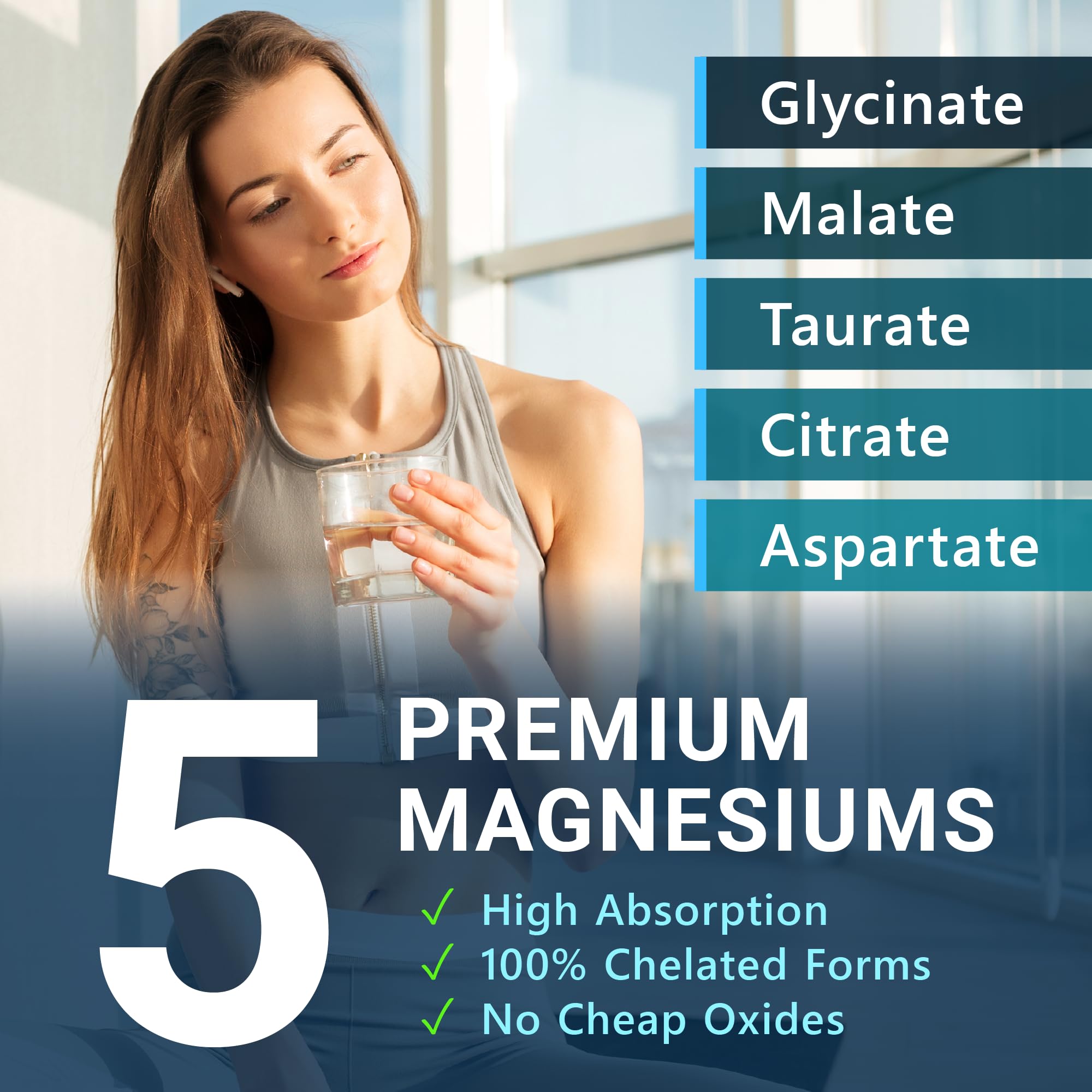 MyoActivo 5-en-1 Magnésium Complex - ingrédients chélatés, absorption améliorée.