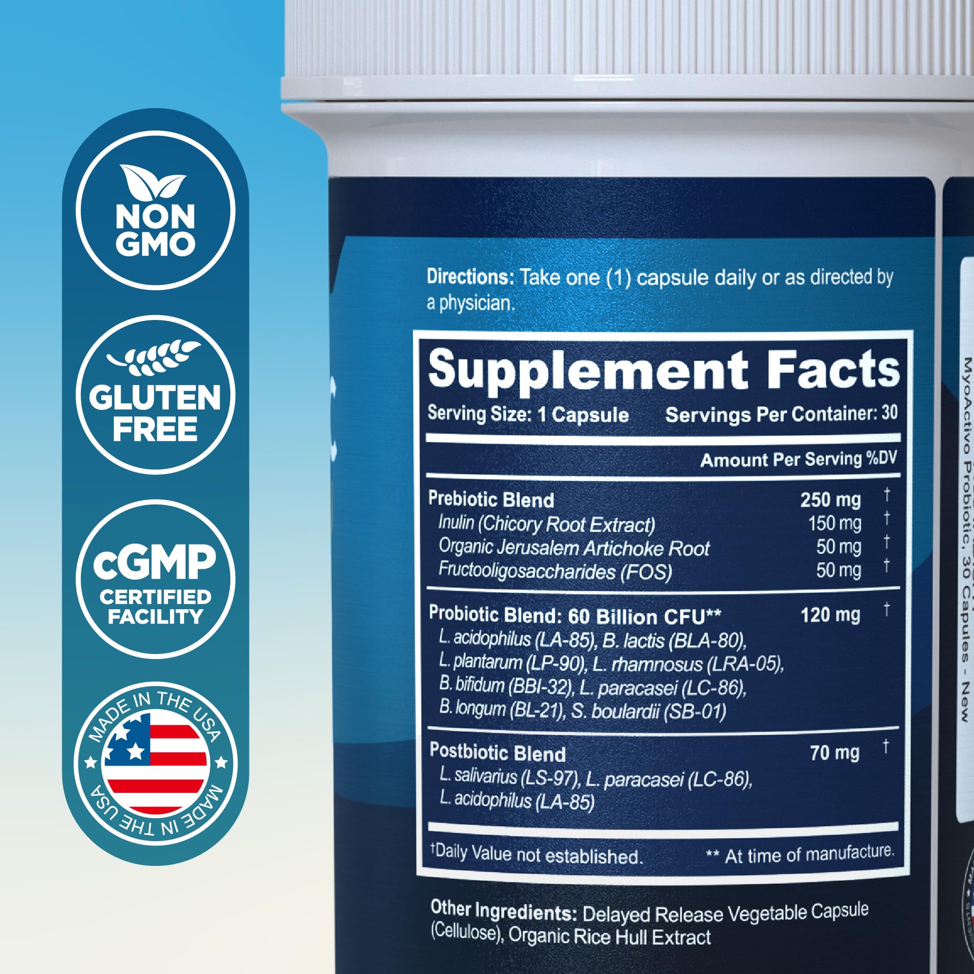 MyoActivo, capsules à libération retardée, garantissent que les probiotiques atteignent l'intestin.