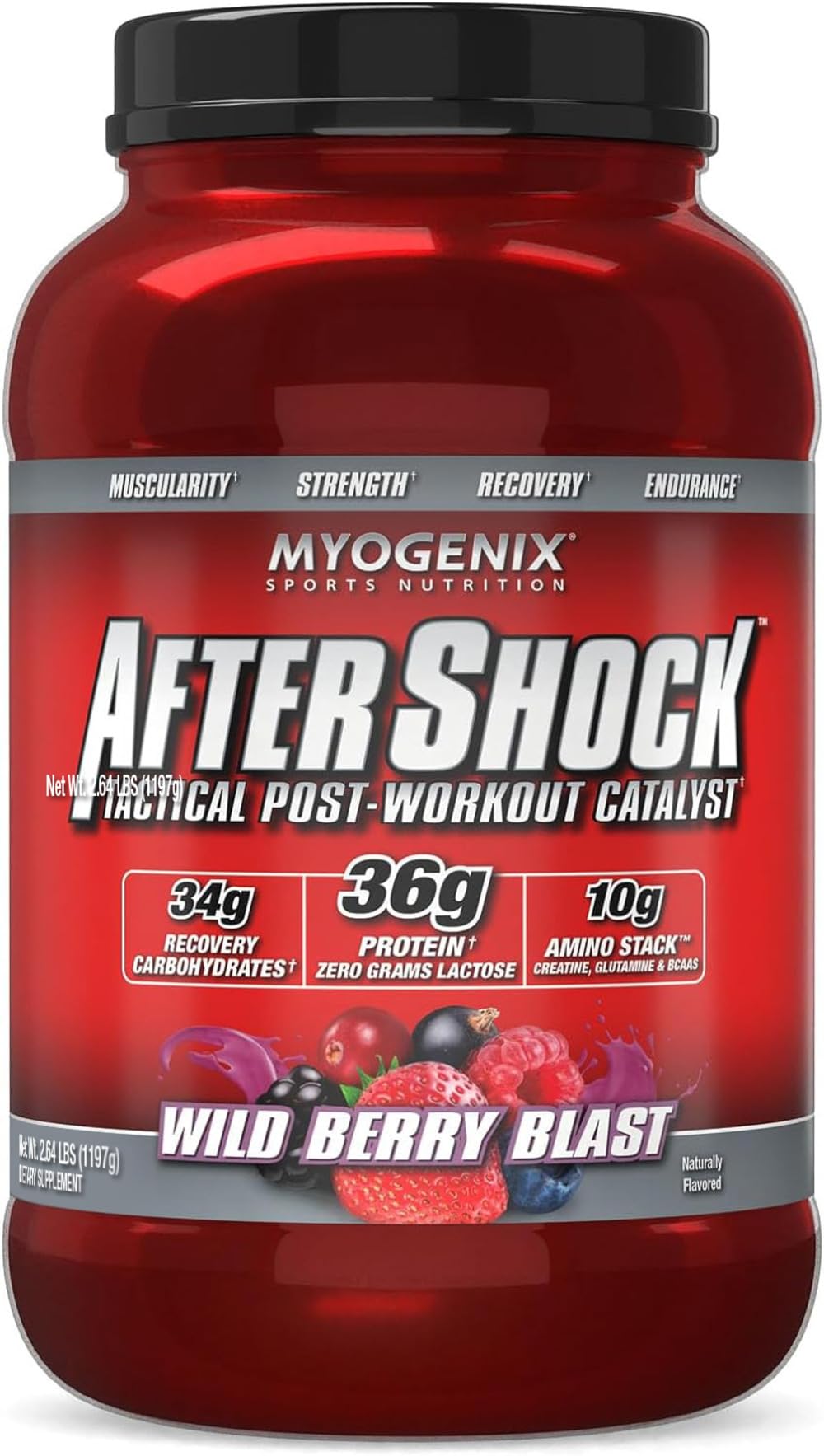 Flacon Myogenix Aftershock poudre saveur framboise sauvage, récupération post-entraînement.