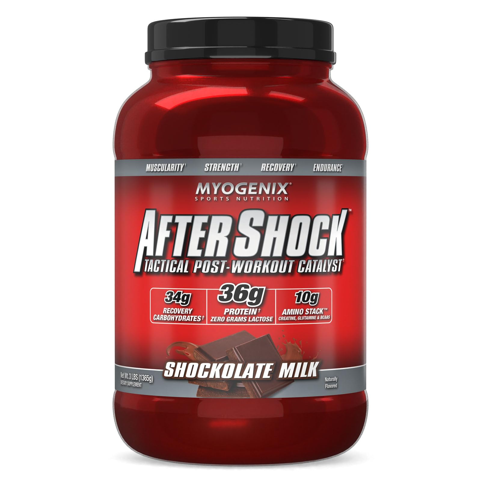 Pot Myogenix Aftershock au goût chocolat au lait, parfait pour la récupération après l'entraînement.