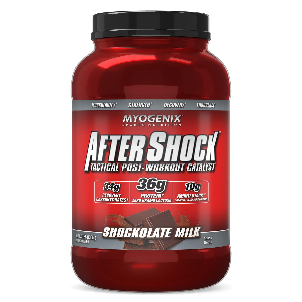 Pot Myogenix Aftershock au goût chocolat au lait, parfait pour la récupération après l'entraînement.