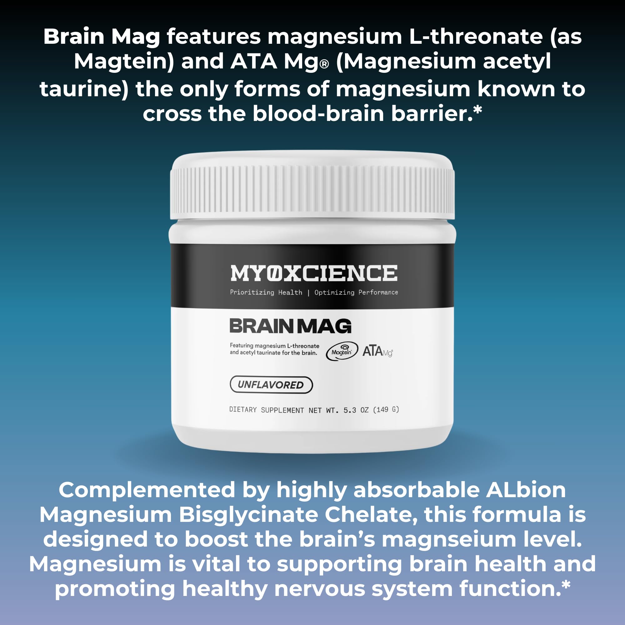 MYOXCIENCE Brain Mag étiquette nutritionnelle claire et dose de 200 mg par portion.