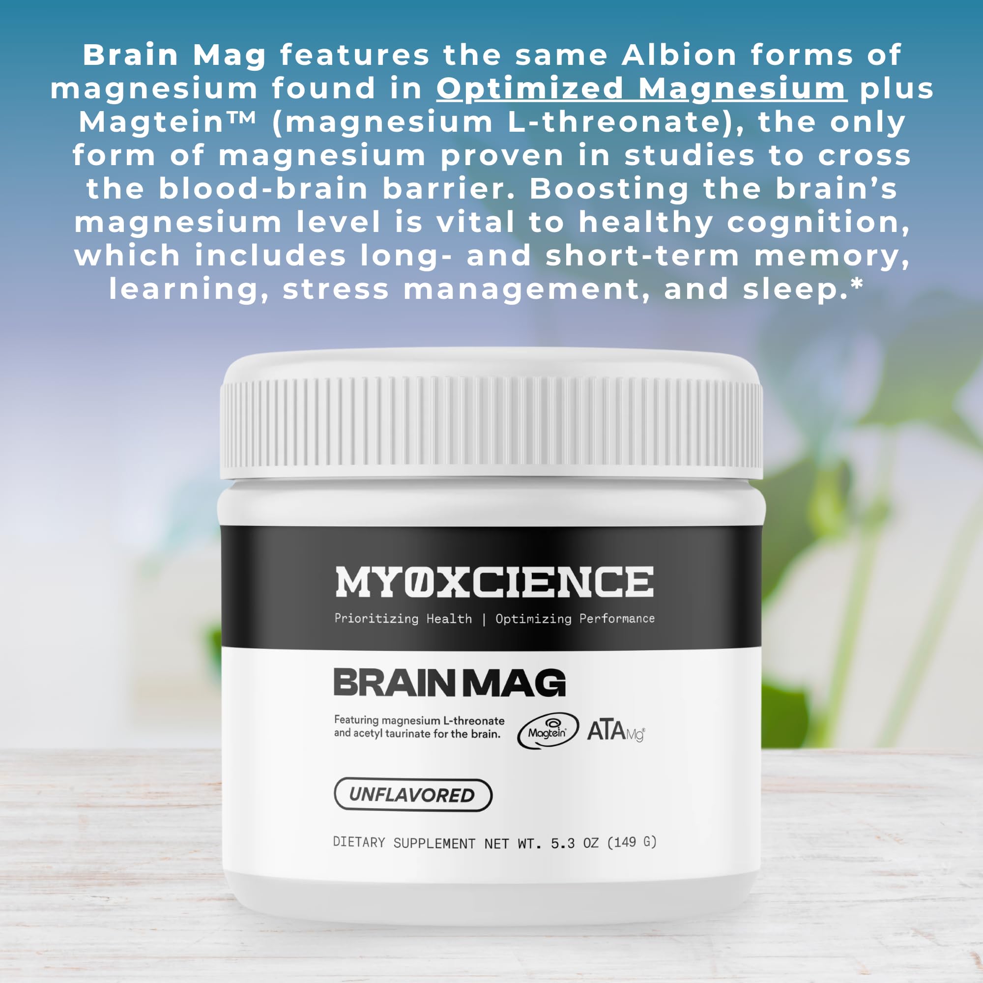 MYOXCIENCE Brain Mag Magtein et magnésium cérébral affichés pour le soutien cognitif.