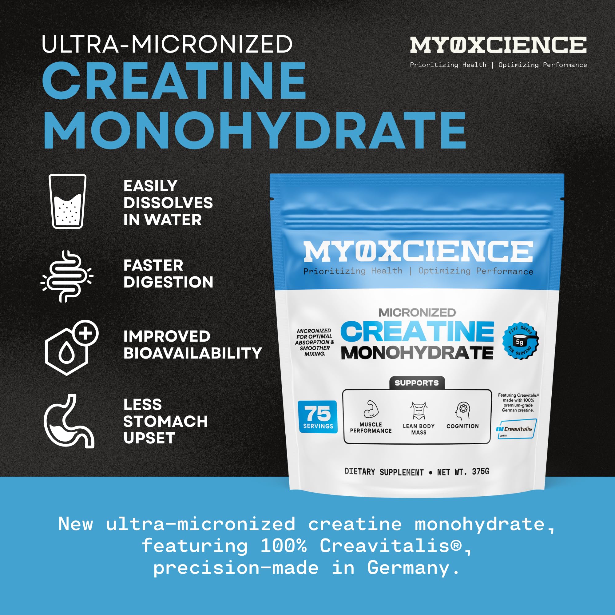 MYOXCIENCE Creavitalis Creatine avec doseur 5 g pour des séances optimisées.