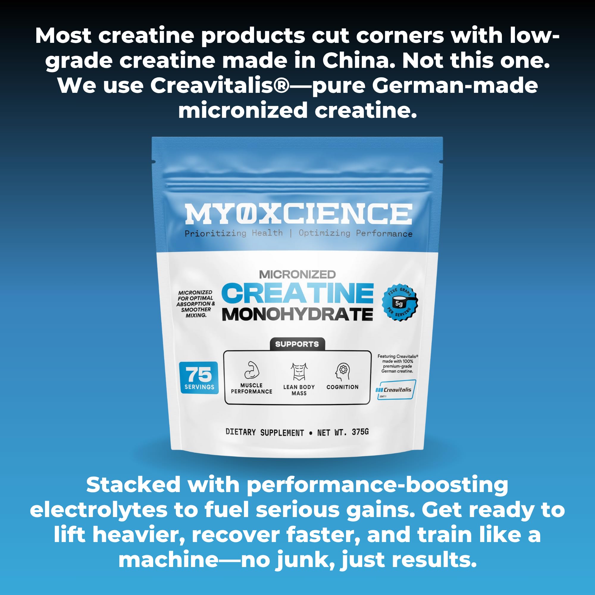 MYOXCIENCE Creavitalis Creatine – visuels de pureté et cohérence globale.