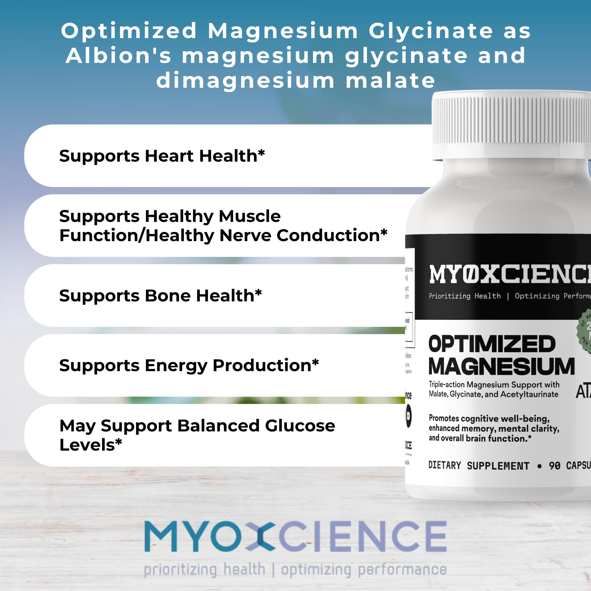 MYOXCIENCE Magnésium Glycinate Taurate usage quotidien — peut favoriser la détente et le sommeil.