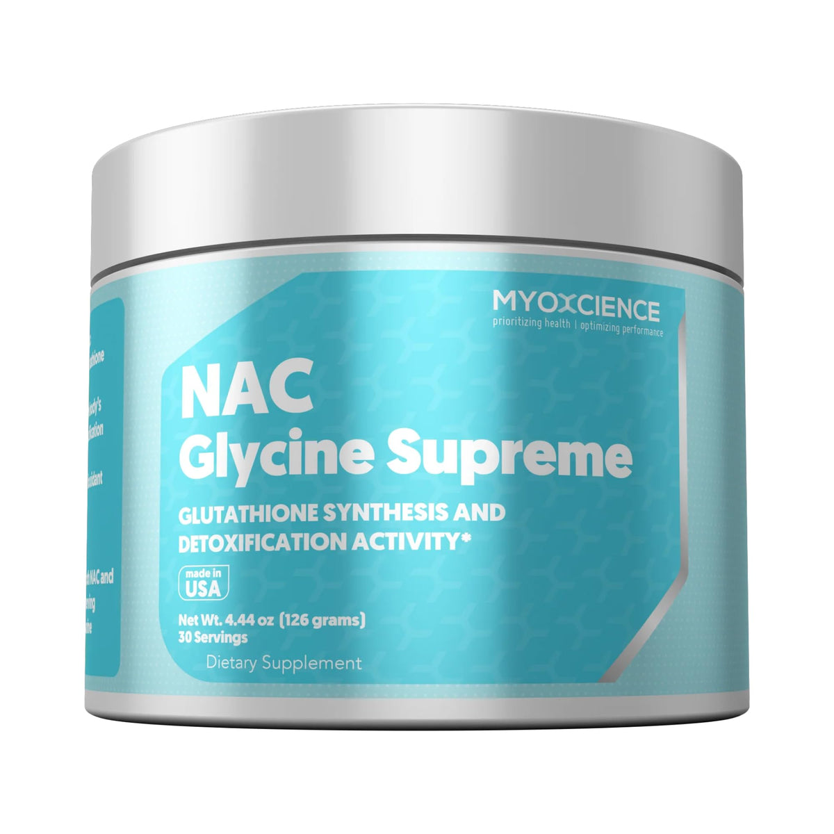 MYOXCIENCE NAC Glycine Supreme – bouteille visible avec étiquette claire, garantie qualité et conformité cGMP.