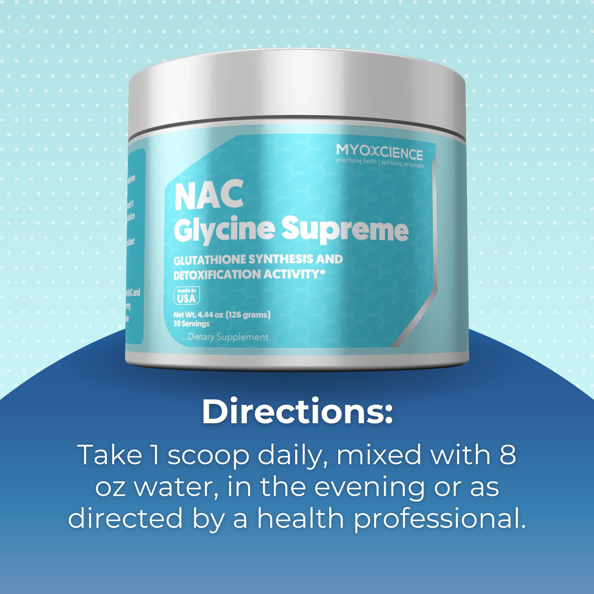 MYOXCIENCE NAC Glycine Supreme – flacon sur étagère, symbole de transparence et qualité.