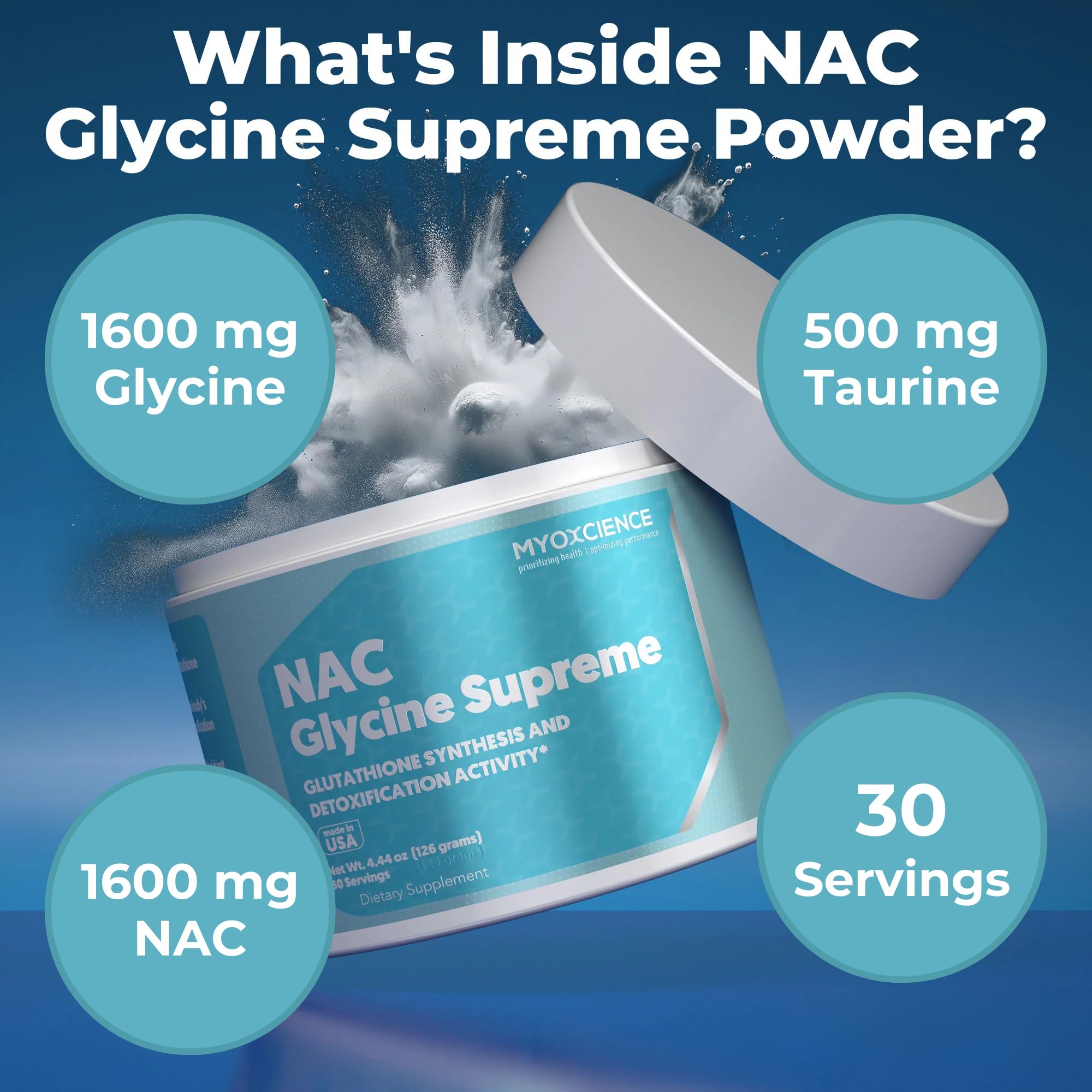 MYOXCIENCE NAC Glycine Supreme – flacon et bouchon, facilité d'utilisation et transport.